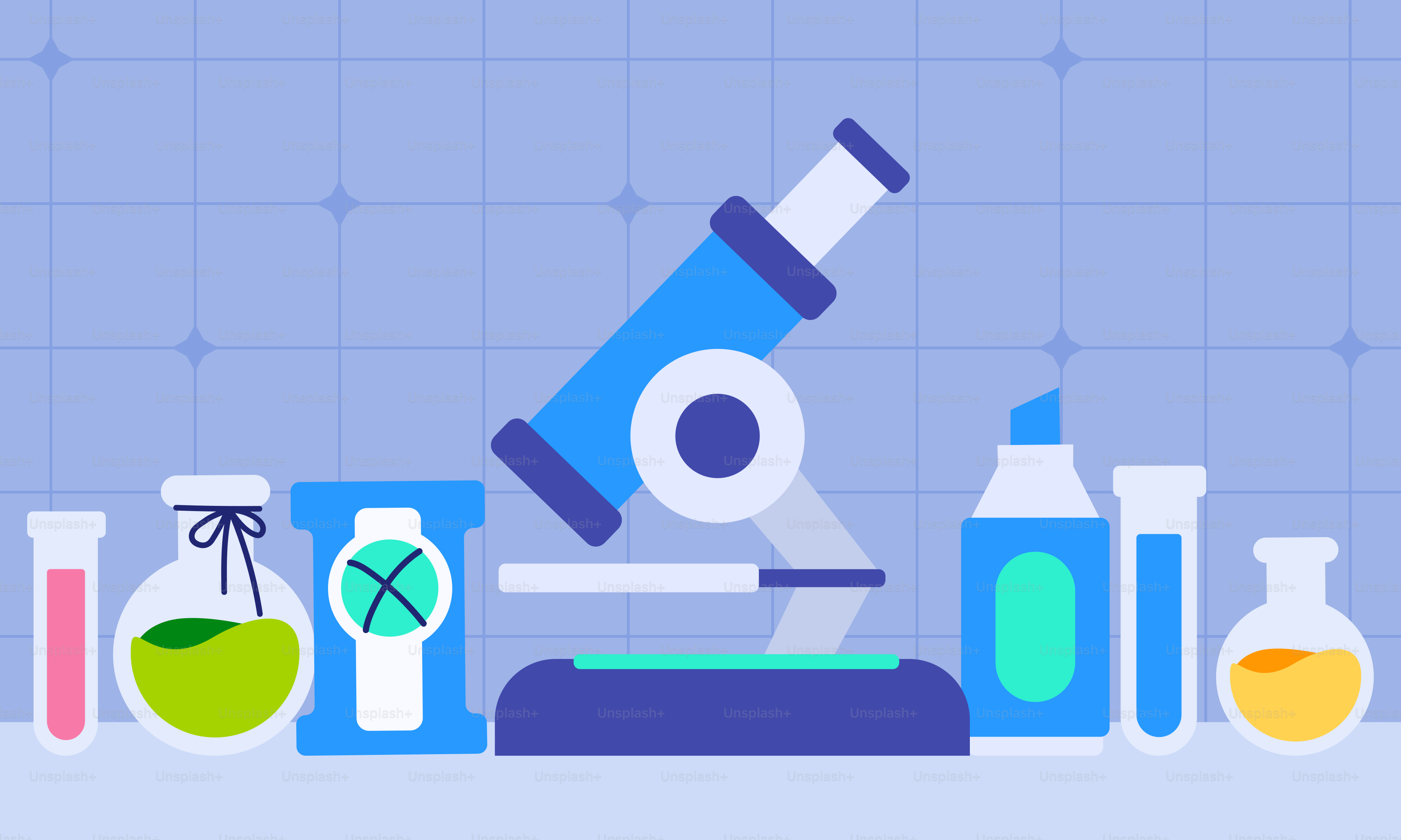 A microscope, flasks, flasks, and flasks of