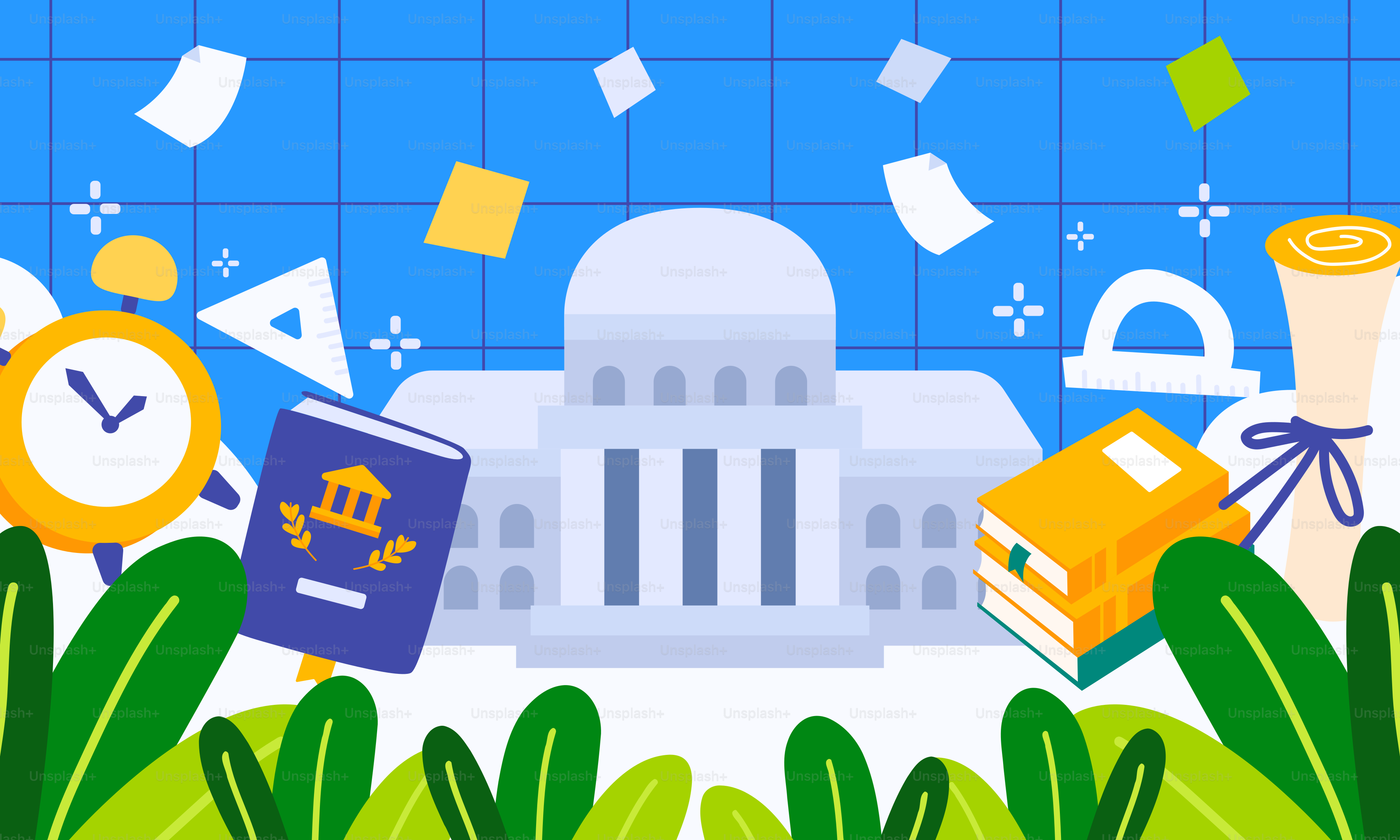 時計や本、その他の物が周囲に置かれた建物