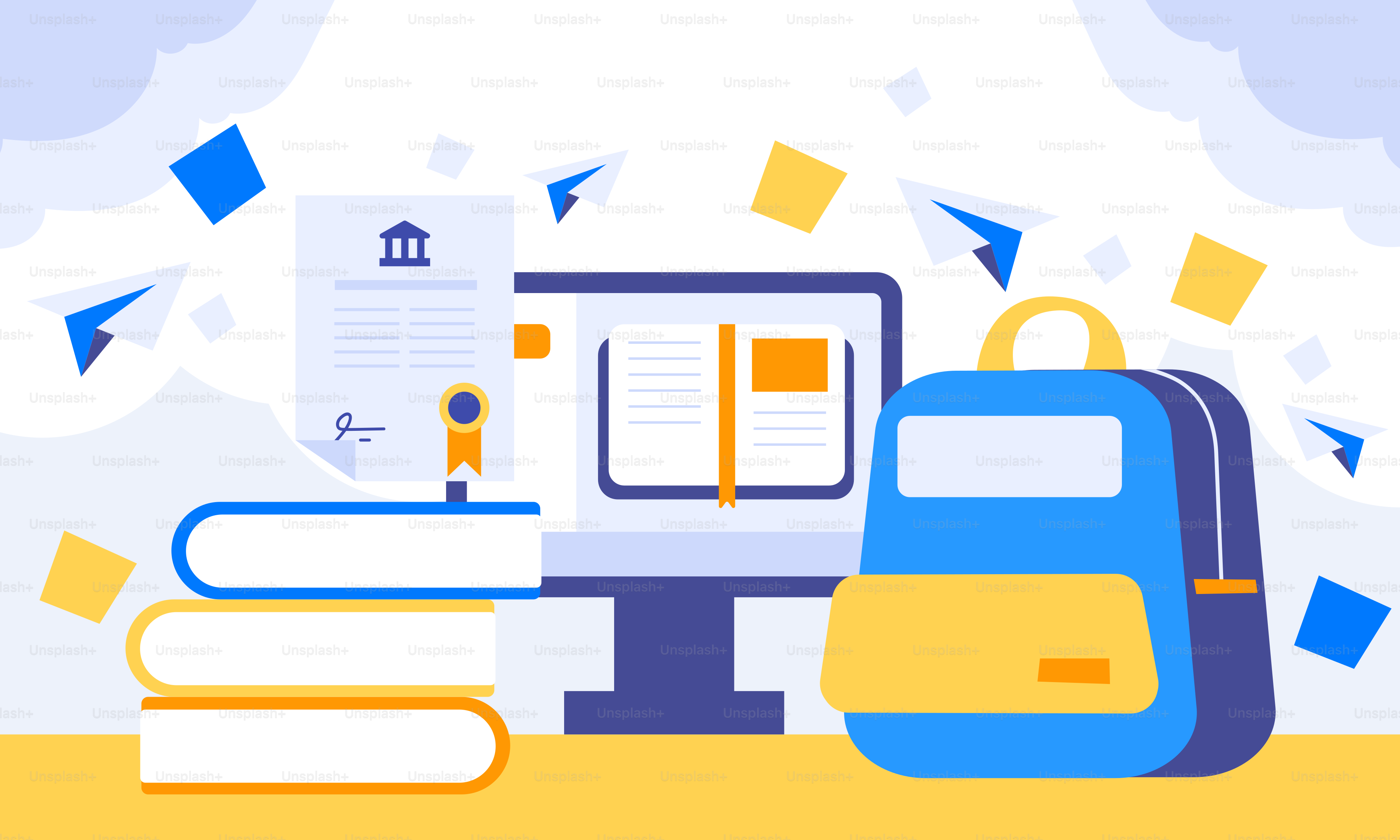 Un computer, libri e uno zaino su una scrivania