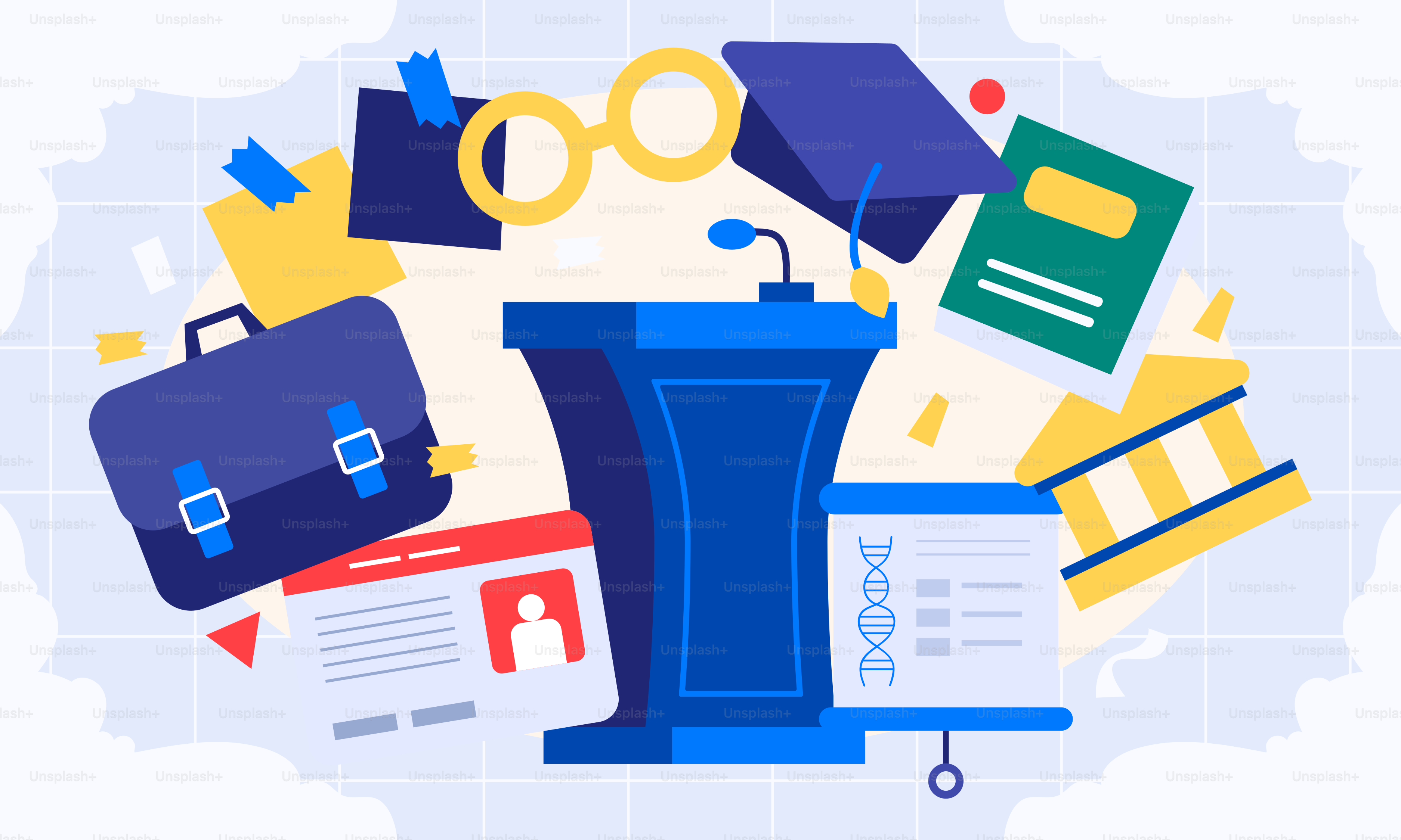 A blue podium surrounded by school supplies