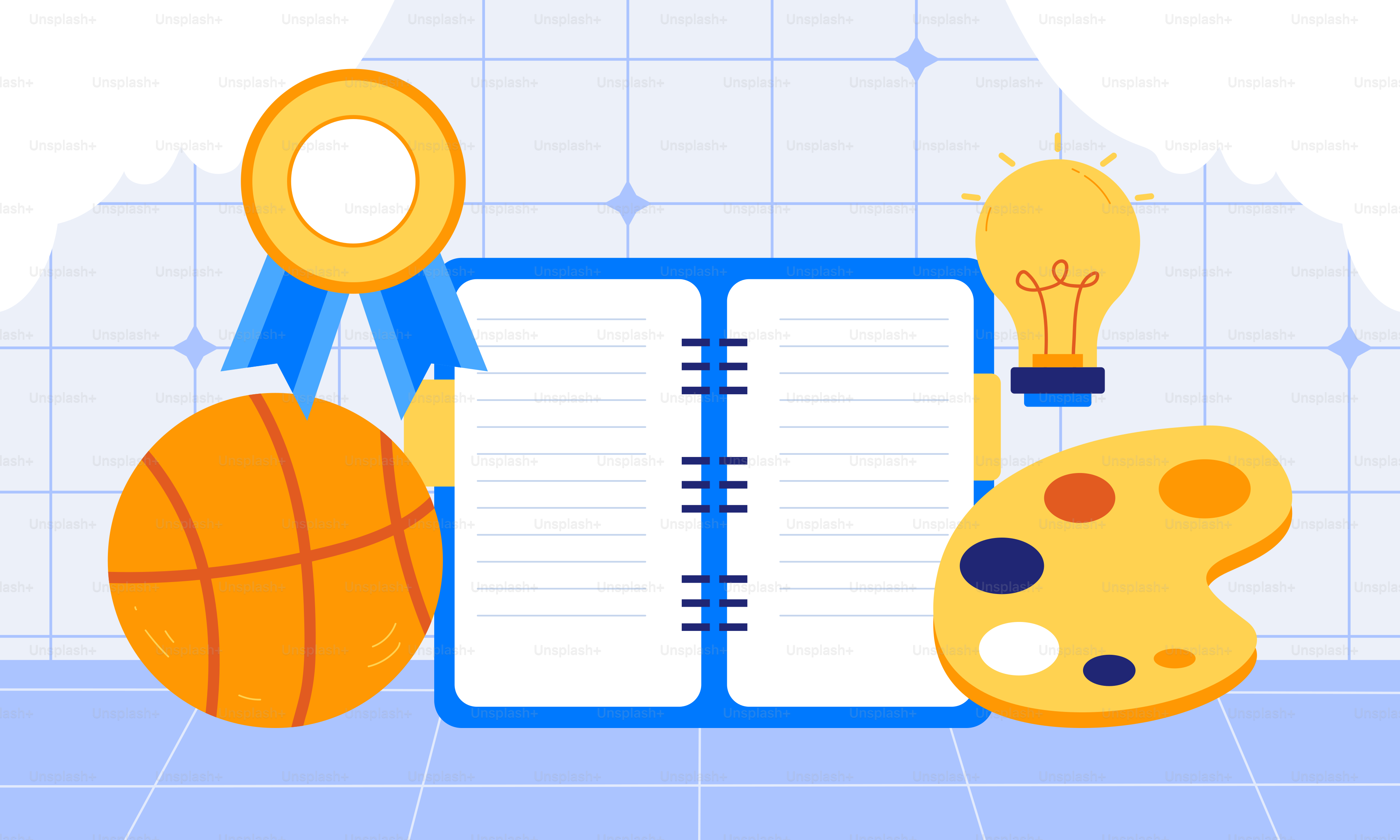 A notepad with a basketball, basketball ball, and a basketball on it