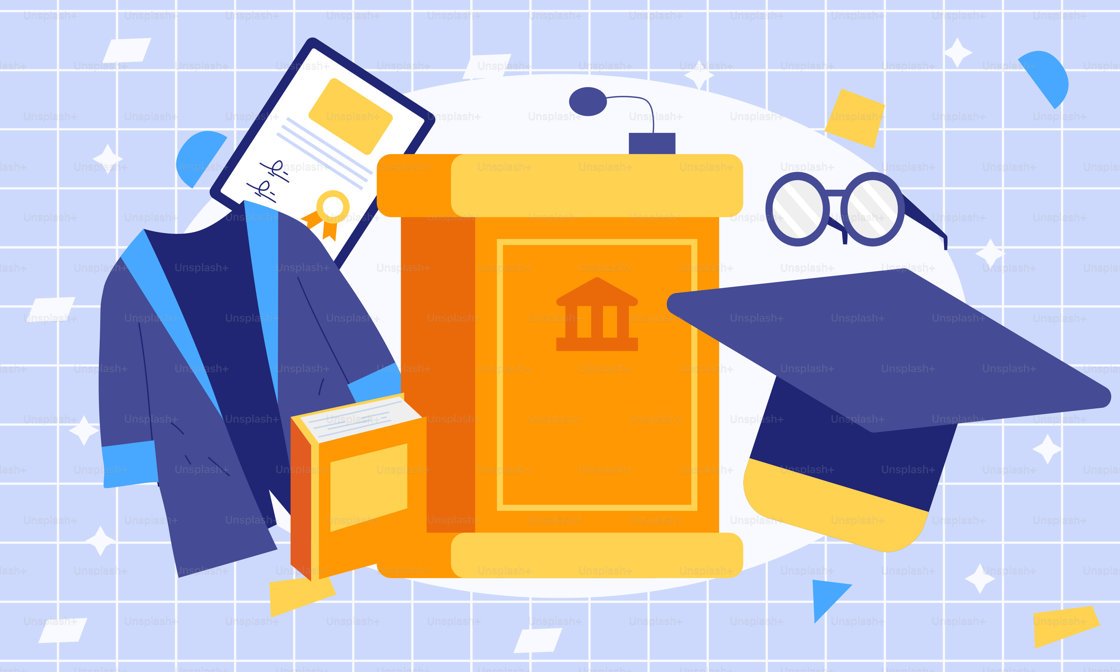 A graduation cap, gown, and book on a blue background