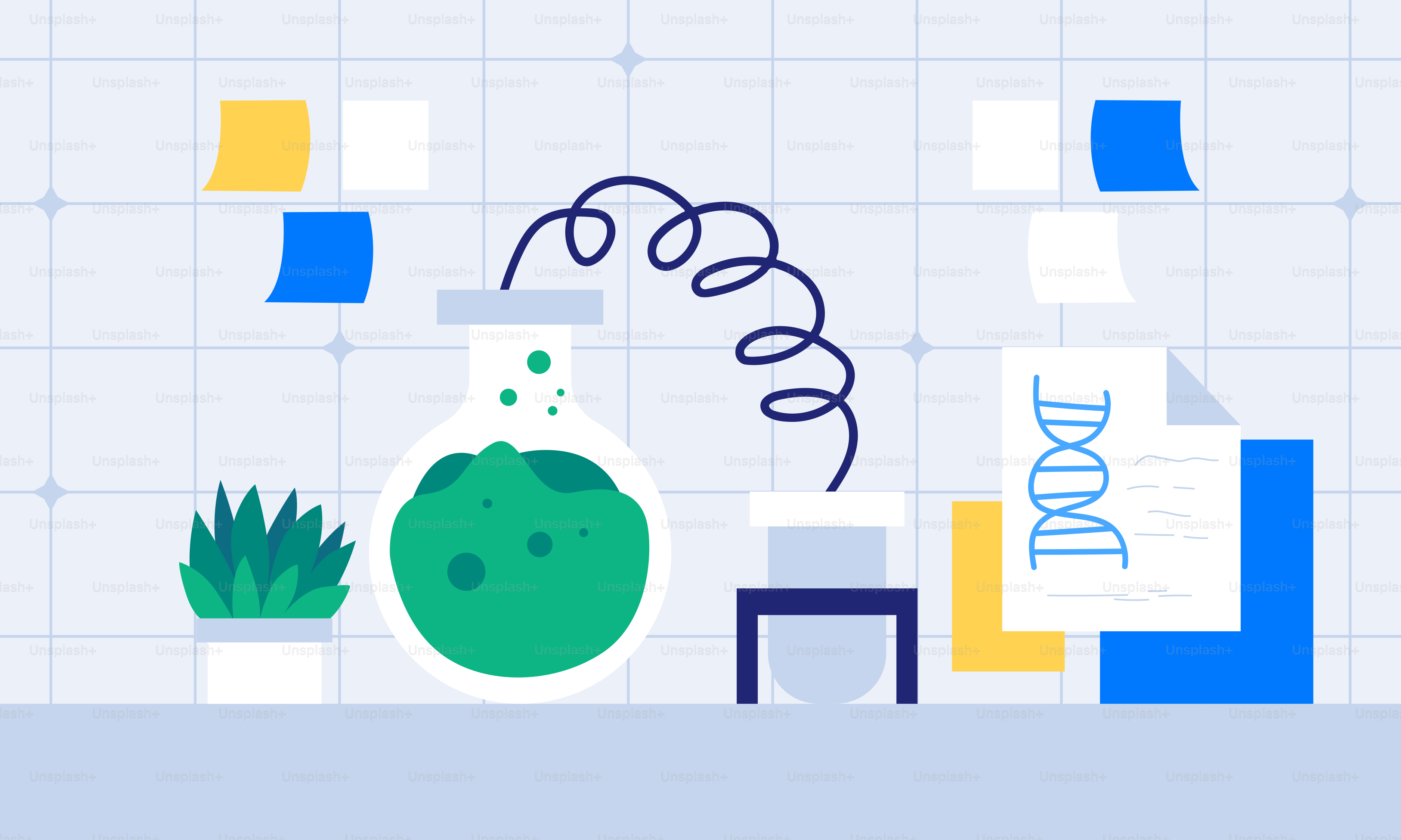 A blue and white tiled wall with a green plant