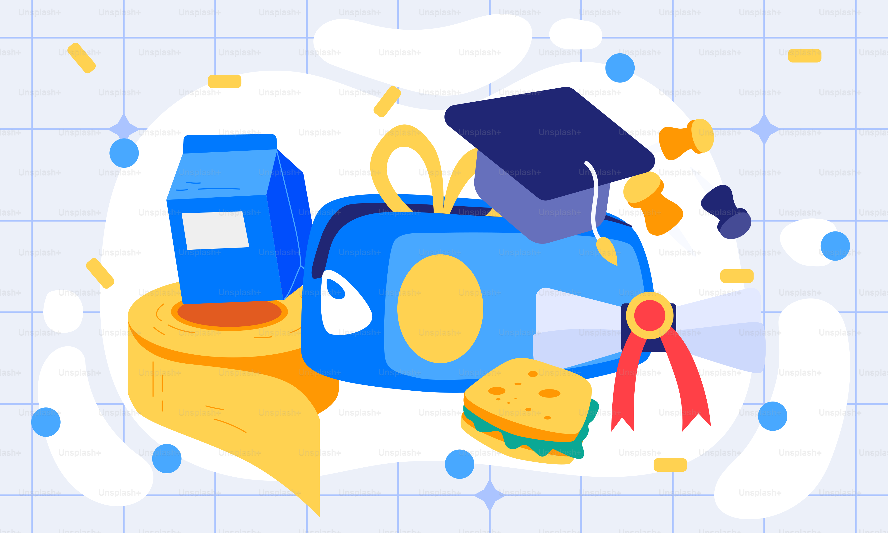 A blue backpack with a graduation cap on top of it