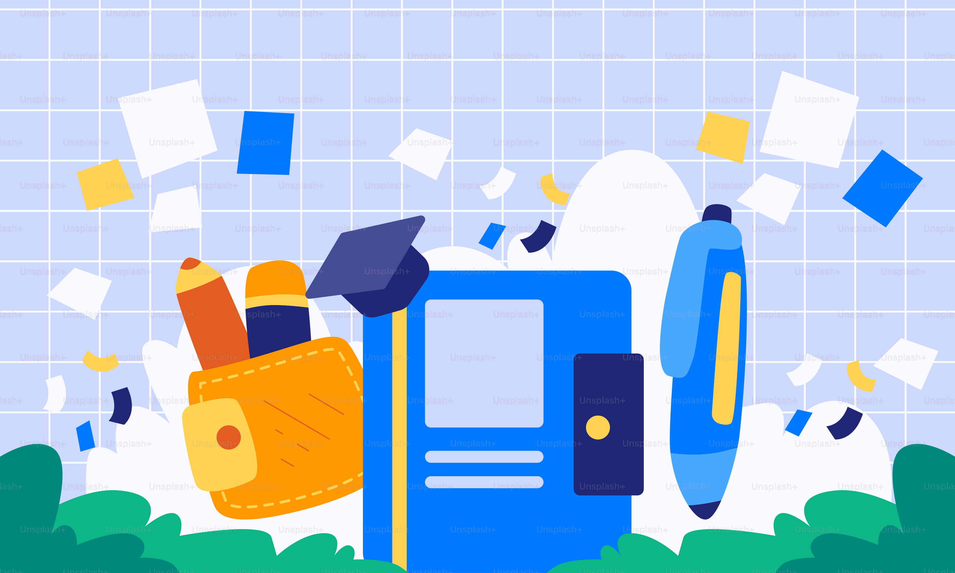 A blue phone with a bunch of objects coming out of it