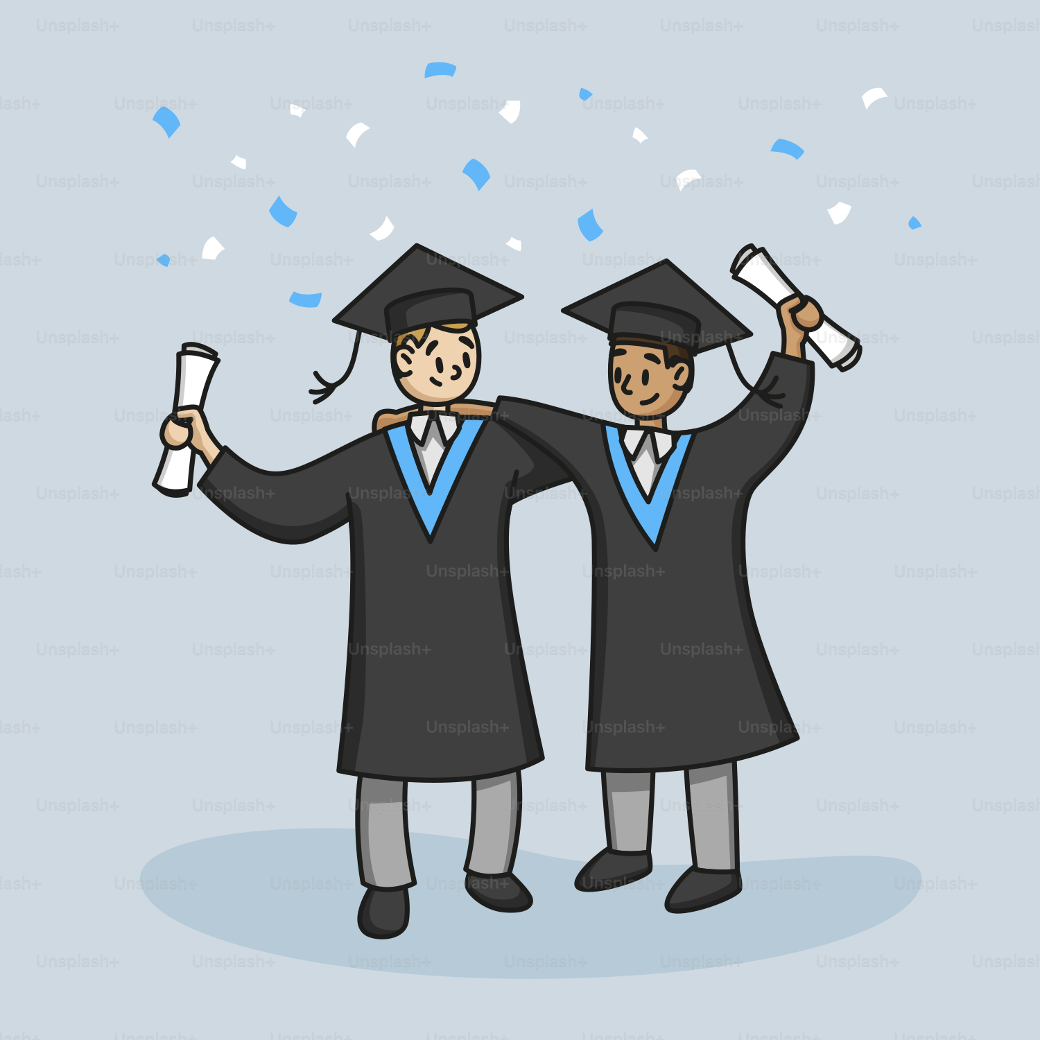 A couple of men in graduation gowns holding diplomas