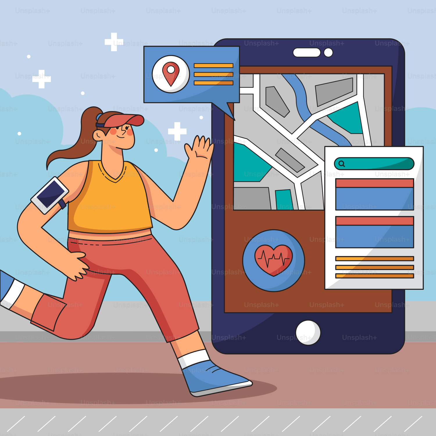 A woman running past a cell phone with a map on it