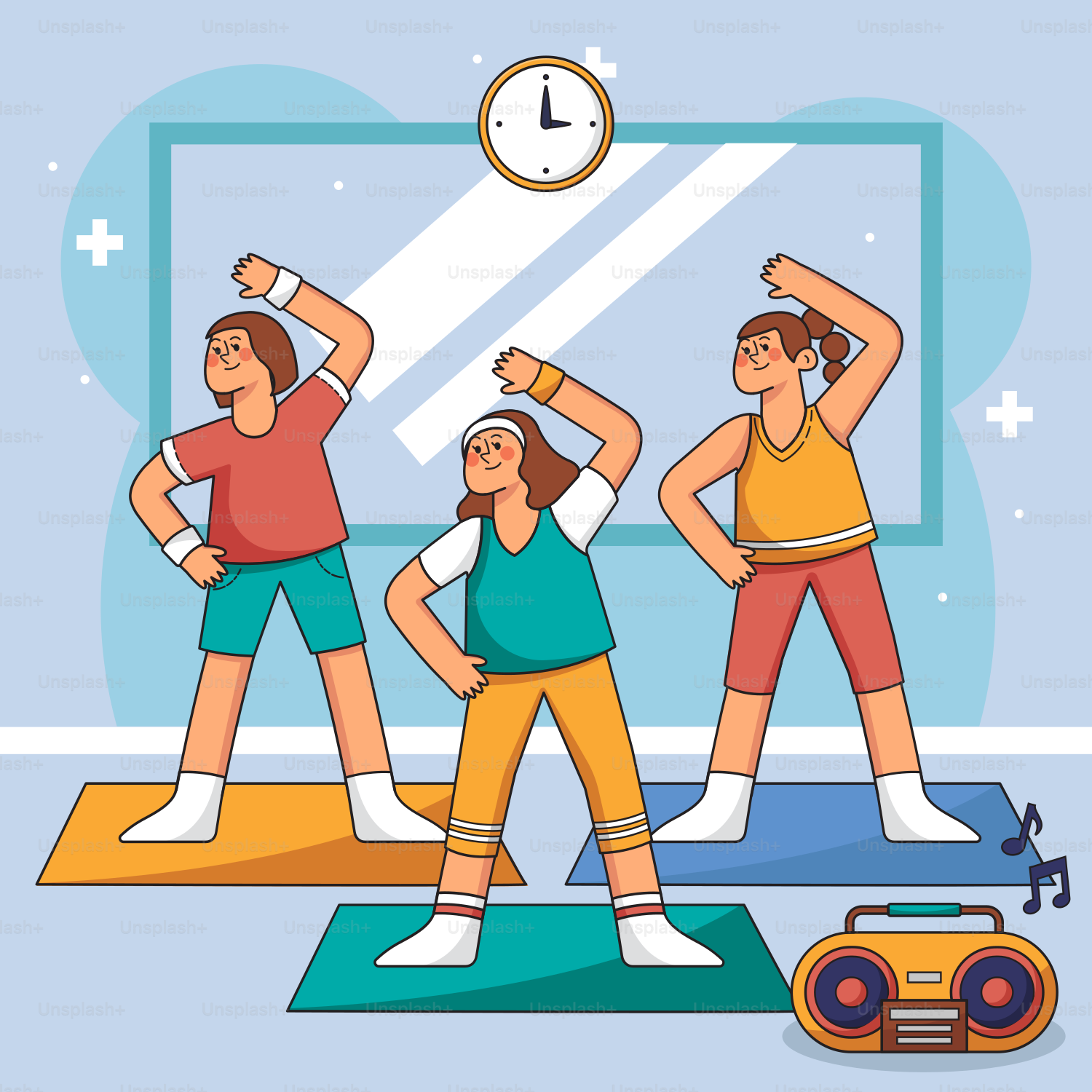 A group of people doing exercises in front of a mirror