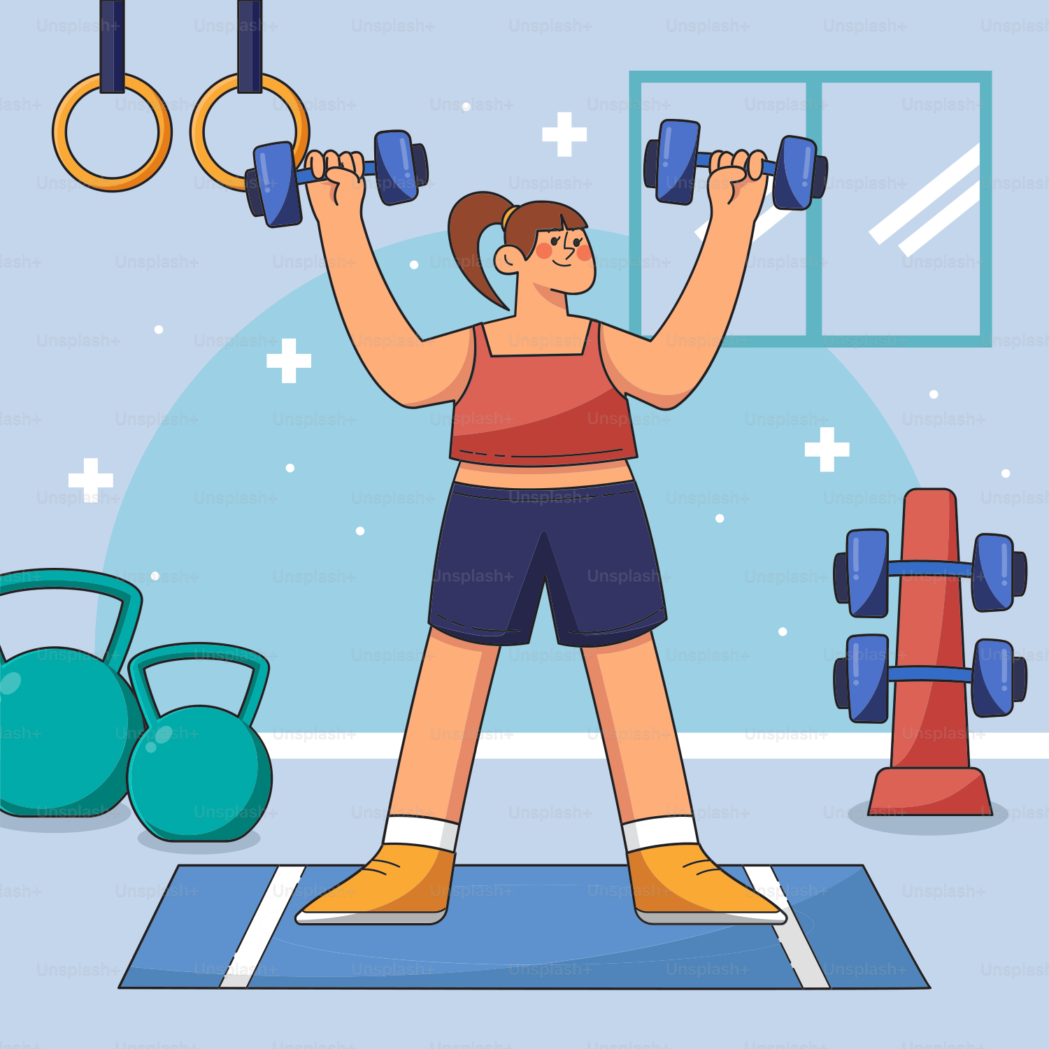 A woman is doing exercises with dumbbells in a gym
