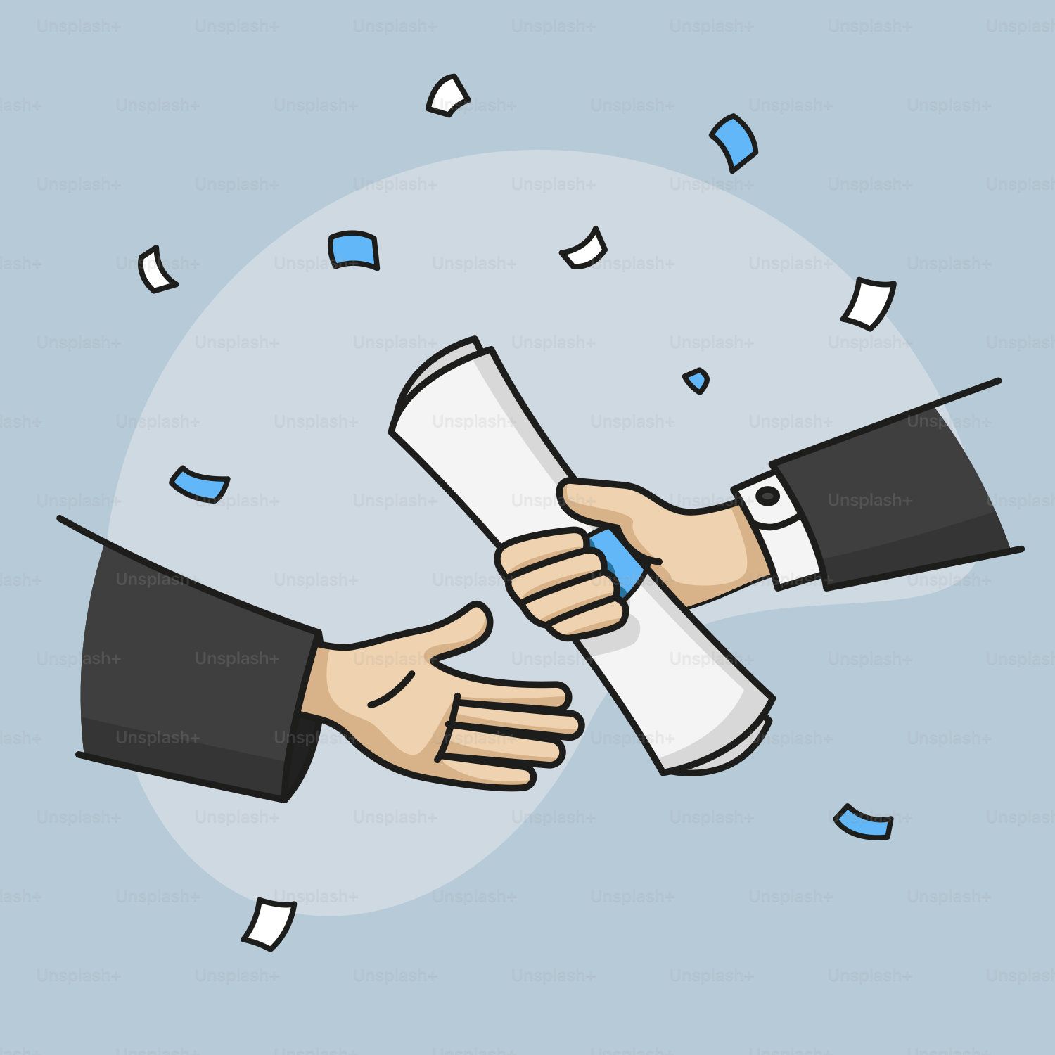 Duas pessoas apertando as mãos com confetes caindo ao seu redor