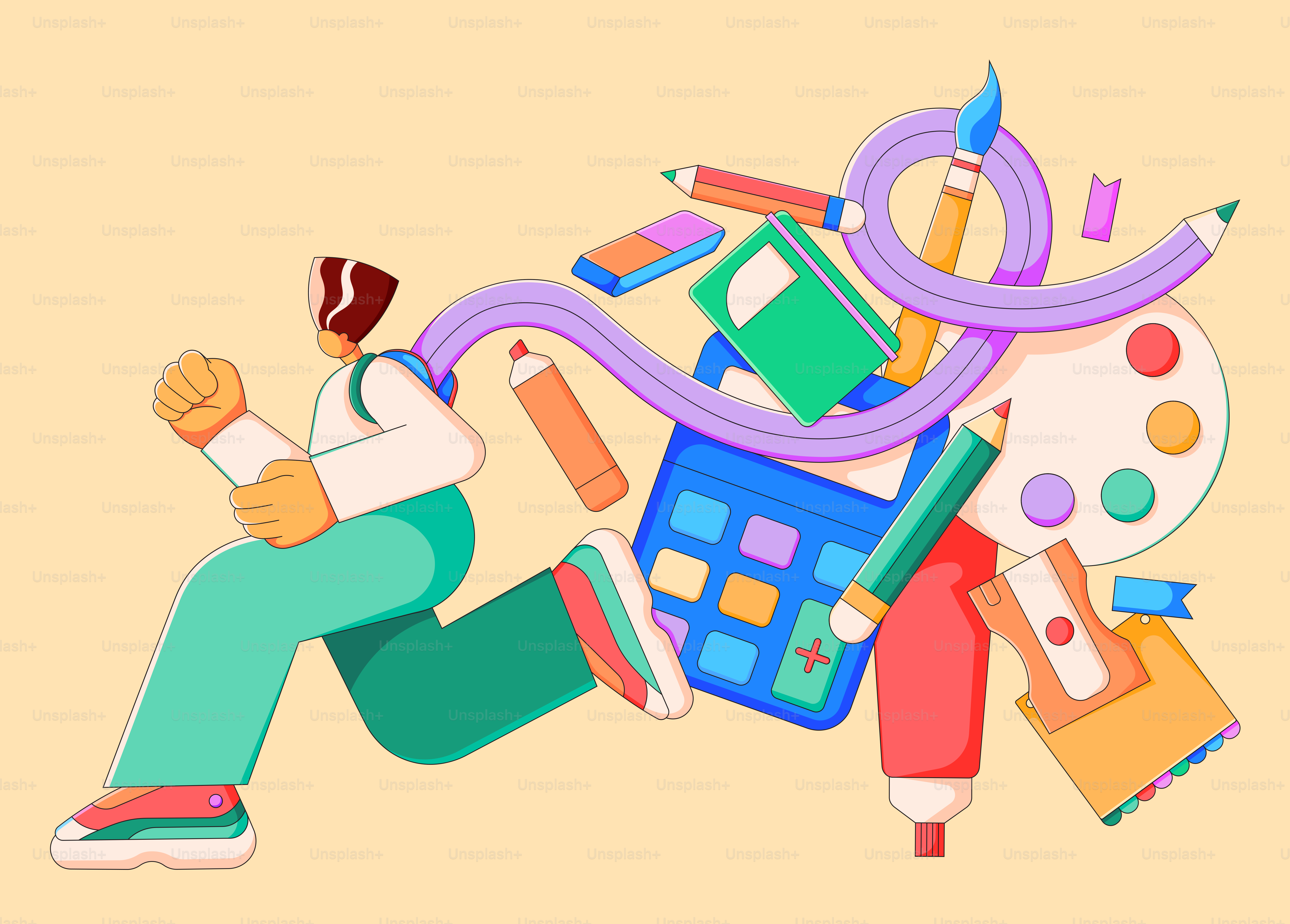 Uma pessoa sentada em uma pilha de material escolar