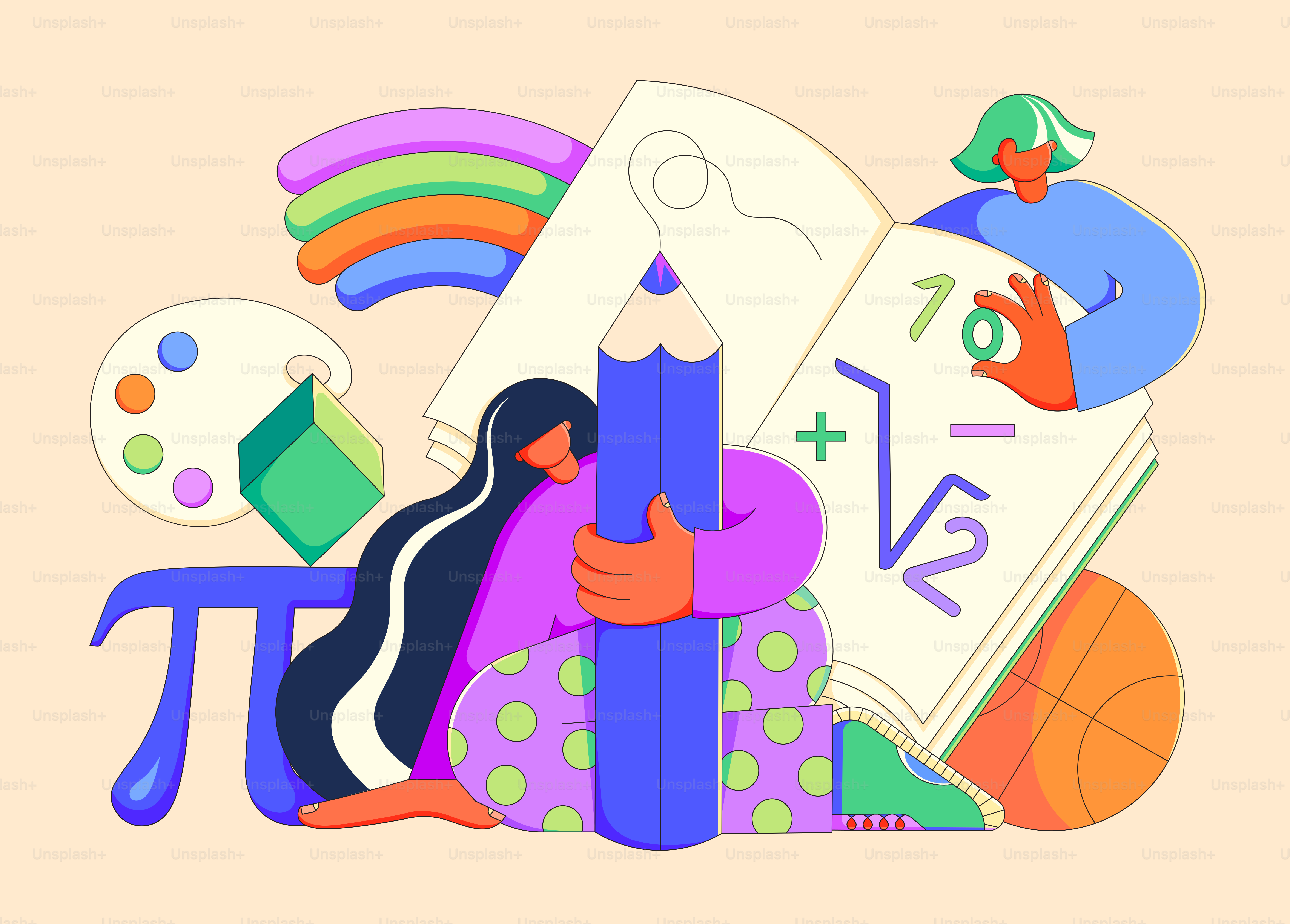 Ein Stapel Bücher und Spielzeug auf rosa Hintergrund