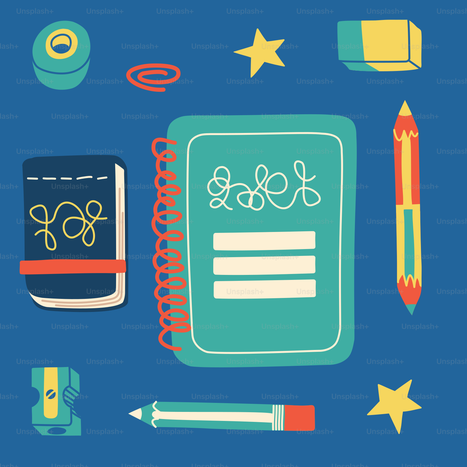 Un cuaderno, lápices y estrellas sobre fondo azul