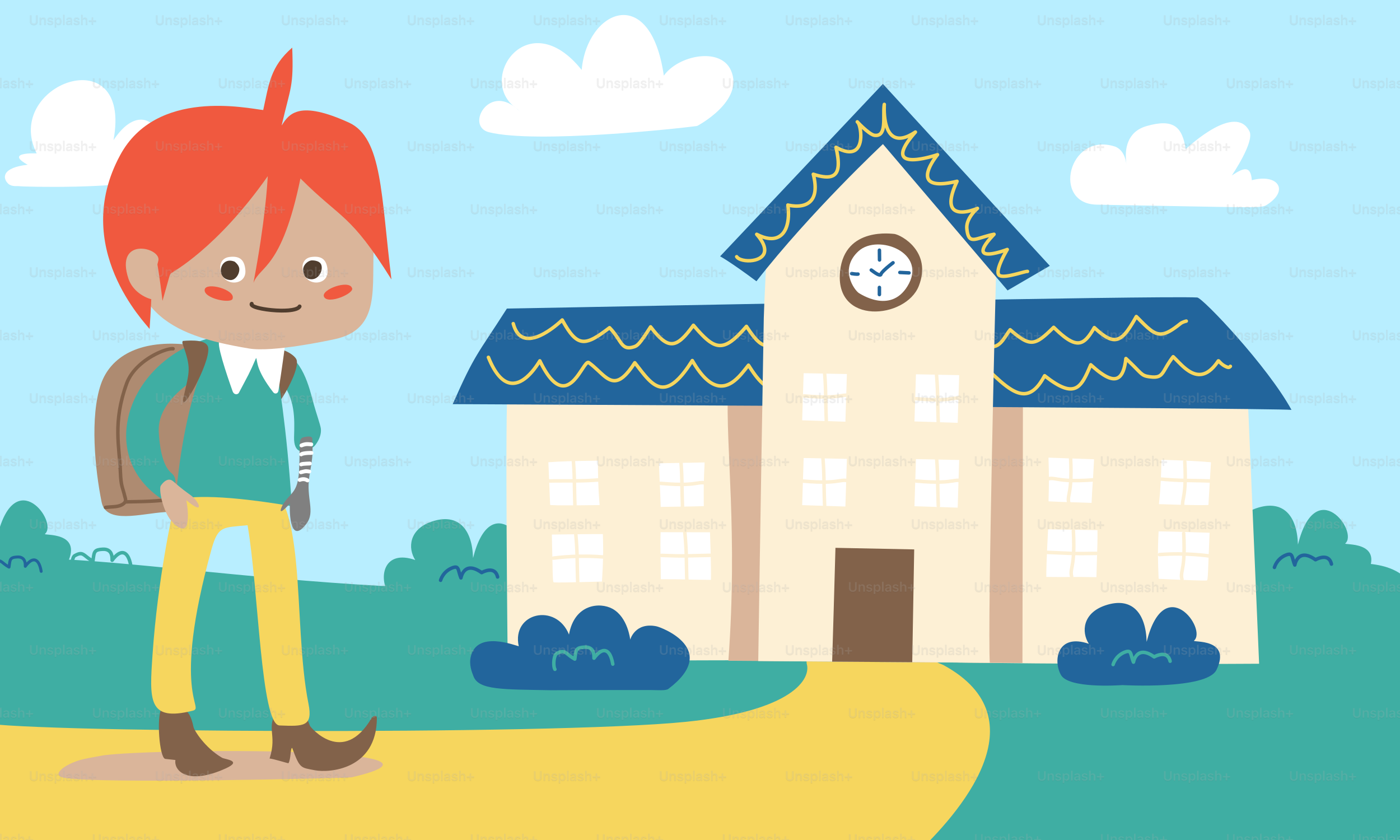 A boy with a backpack standing in front of a house