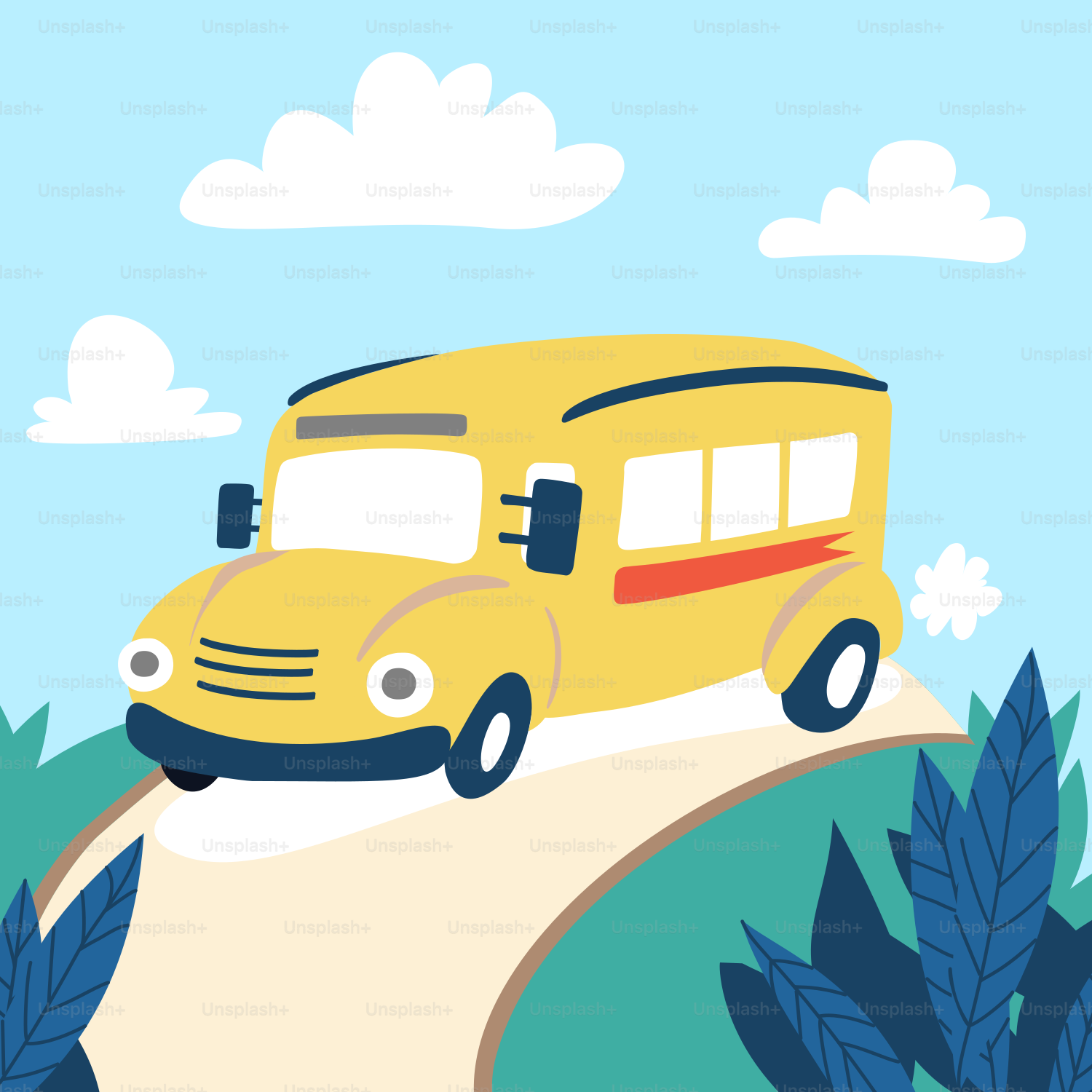 Un autobús amarillo está bajando una colina