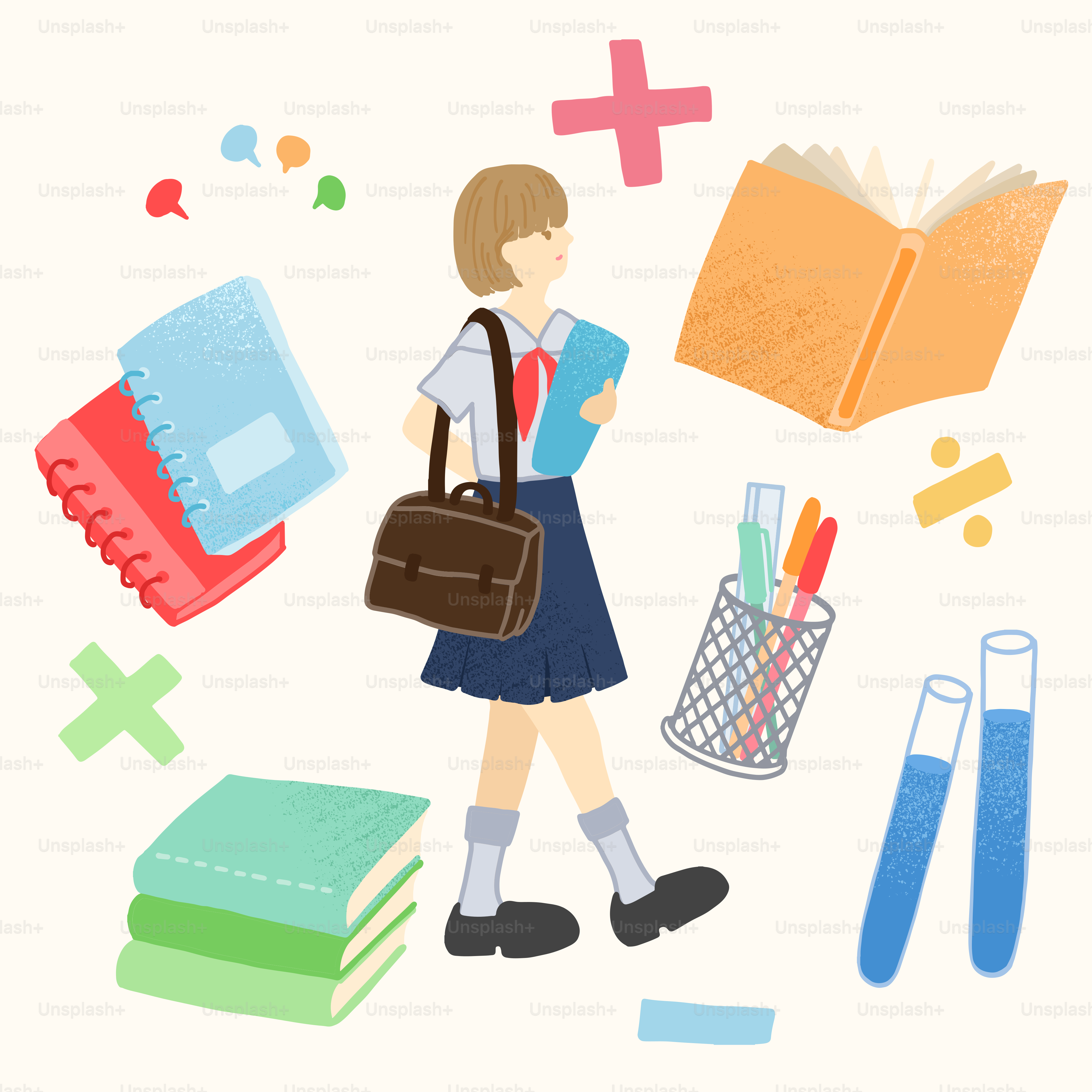 Una mujer con un libro y útiles escolares