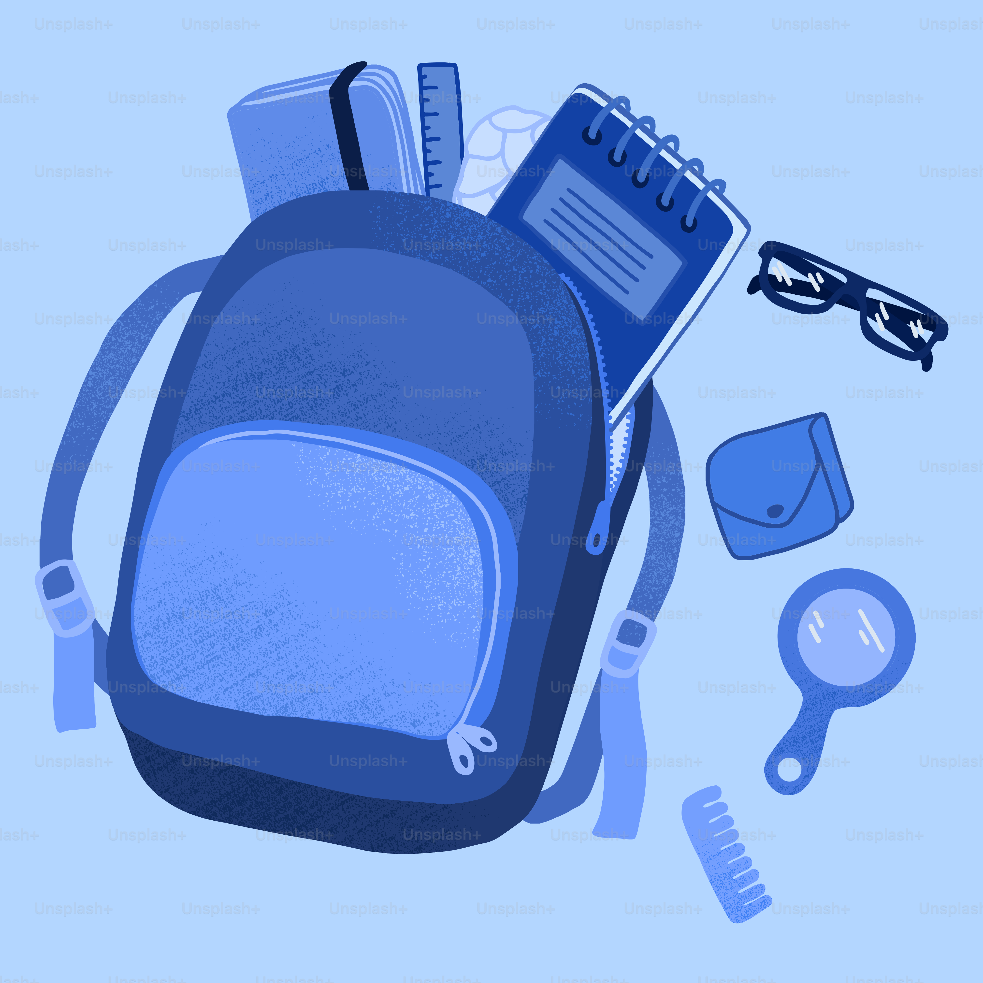 Einen Rucksack mit einem Buch, einer Lupe, einem Kamm und