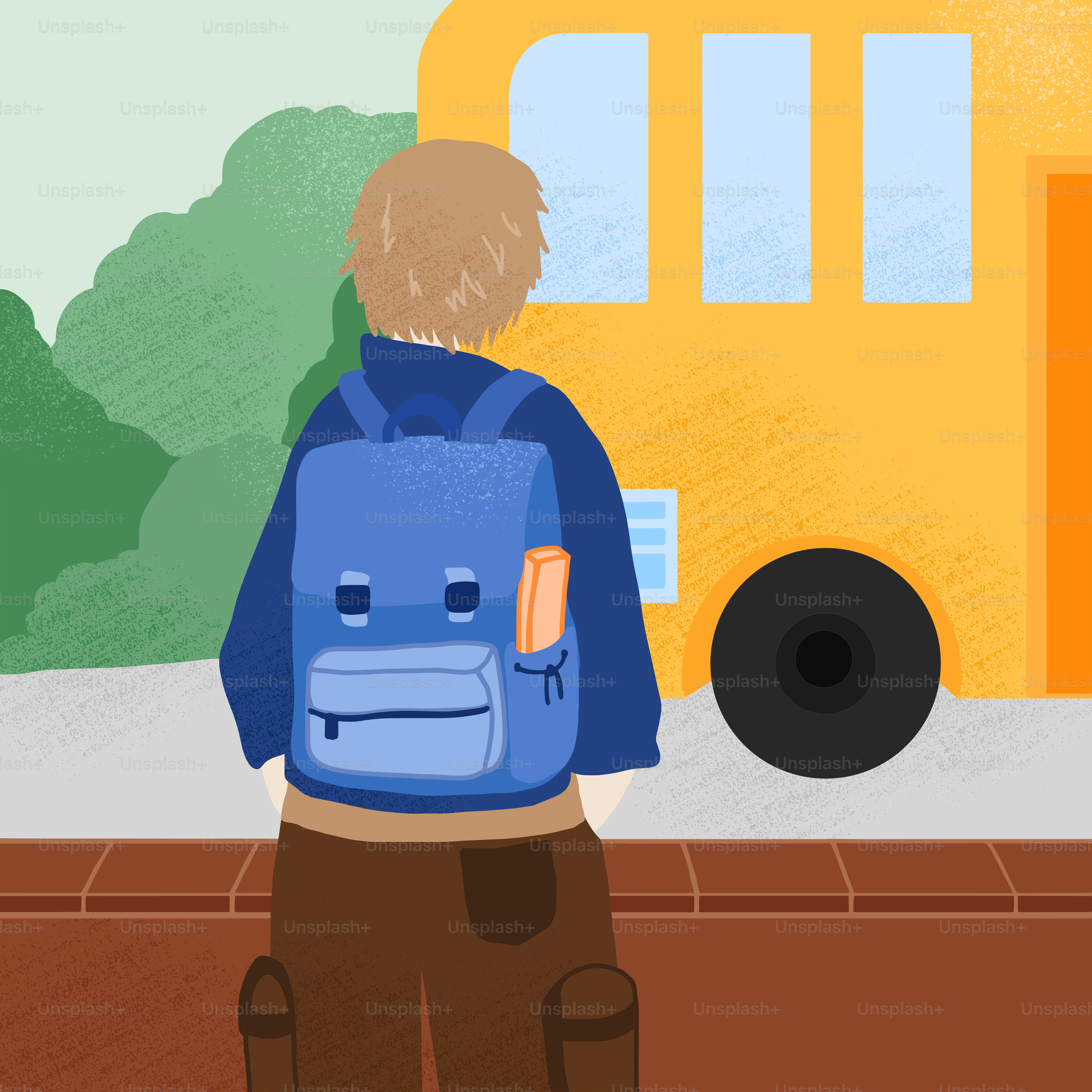 A person with a backpack standing in front of a school bus