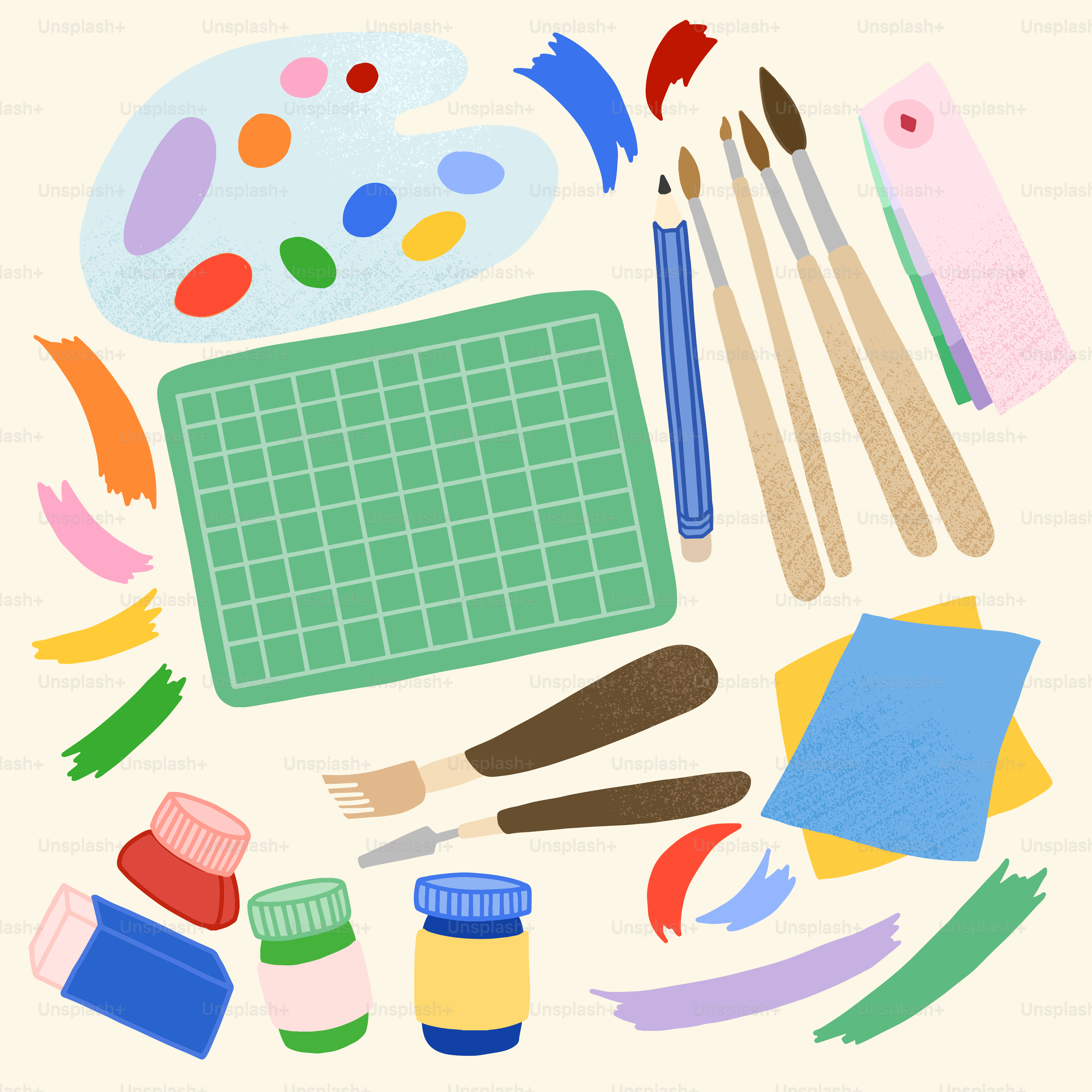 A bunch of art supplies sitting on top of a table vector – Illustration  Image on Unsplash, image size:3000x3000