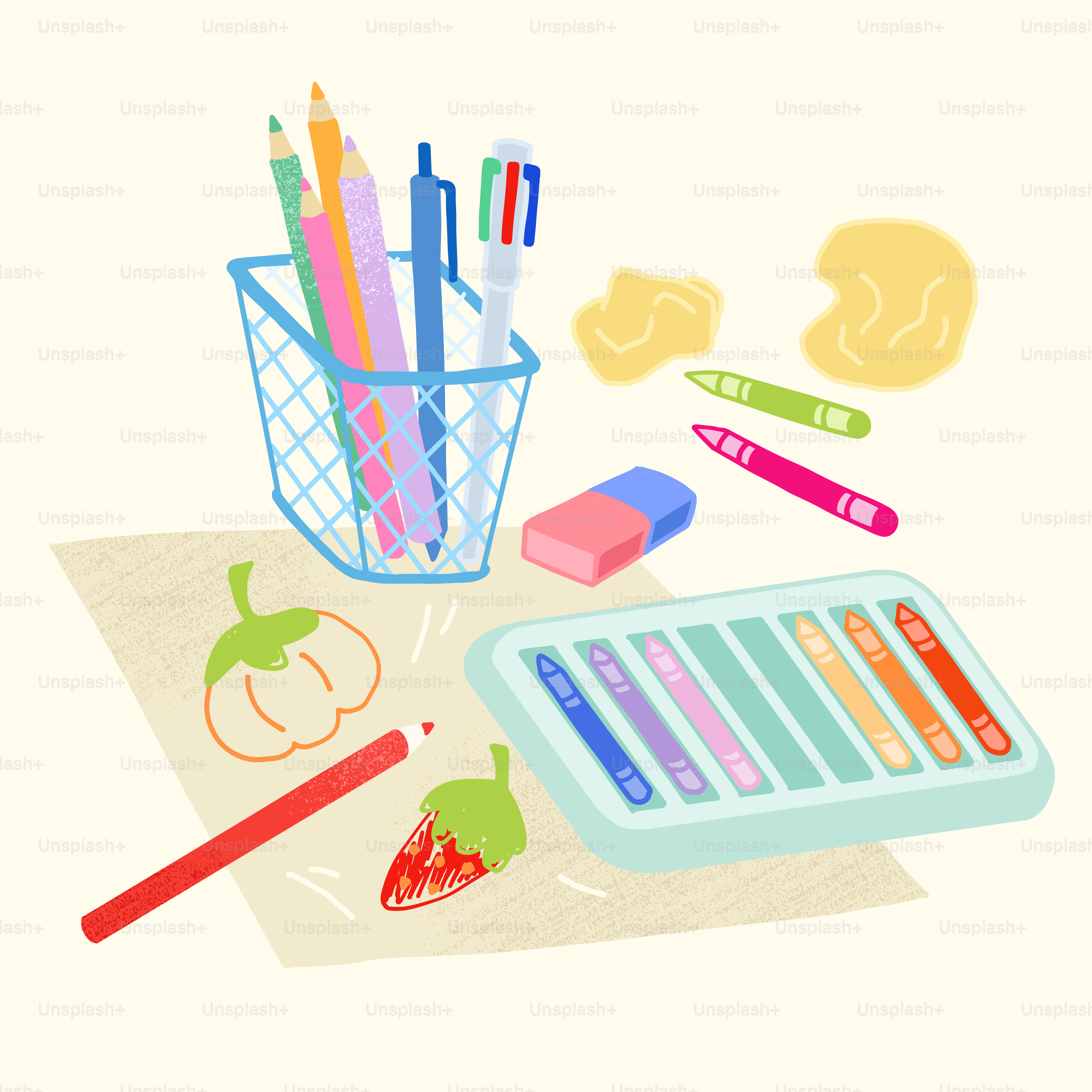 A bunch of pencils and markers sitting on top of a piece of paper