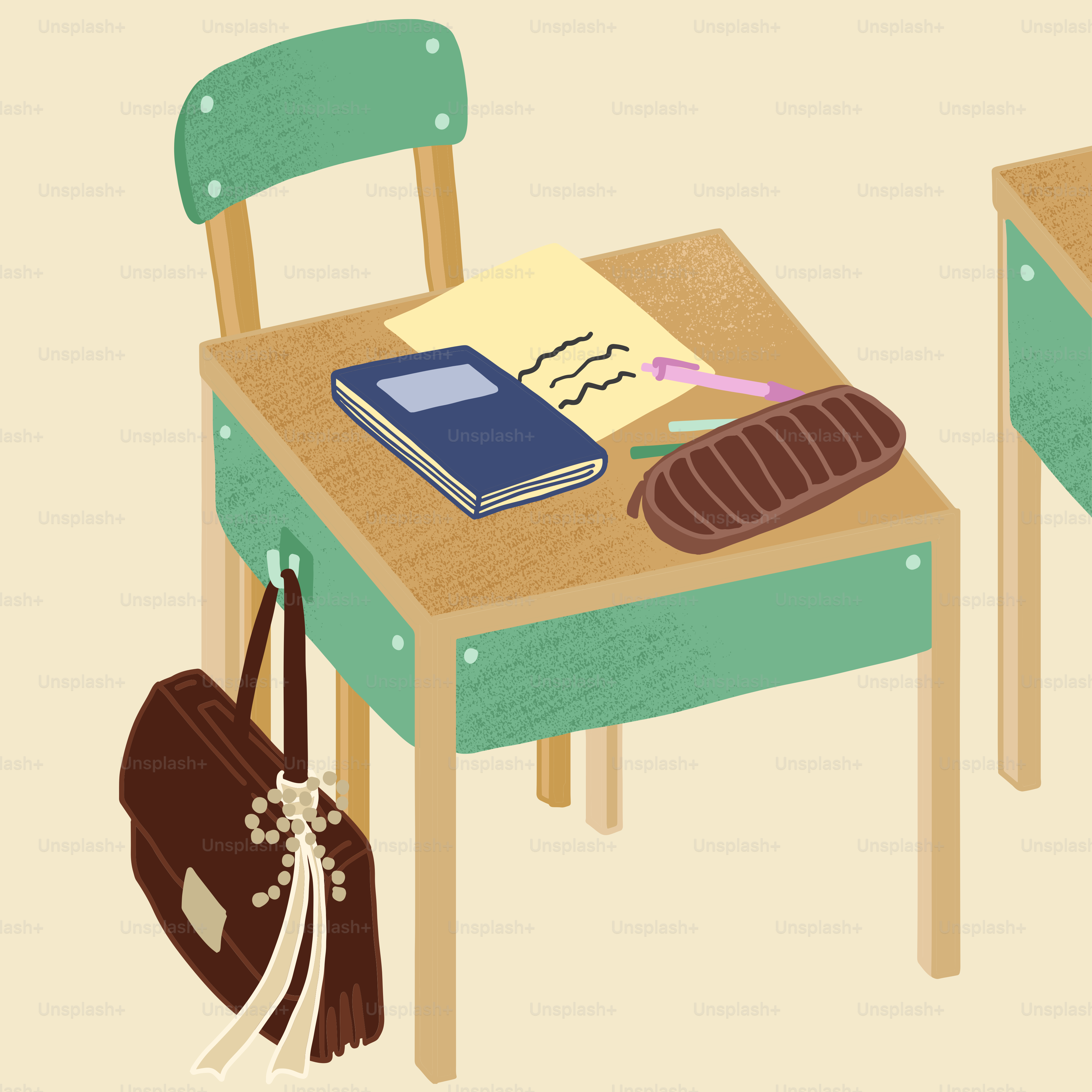 A drawing of a desk with a book and a purse on it