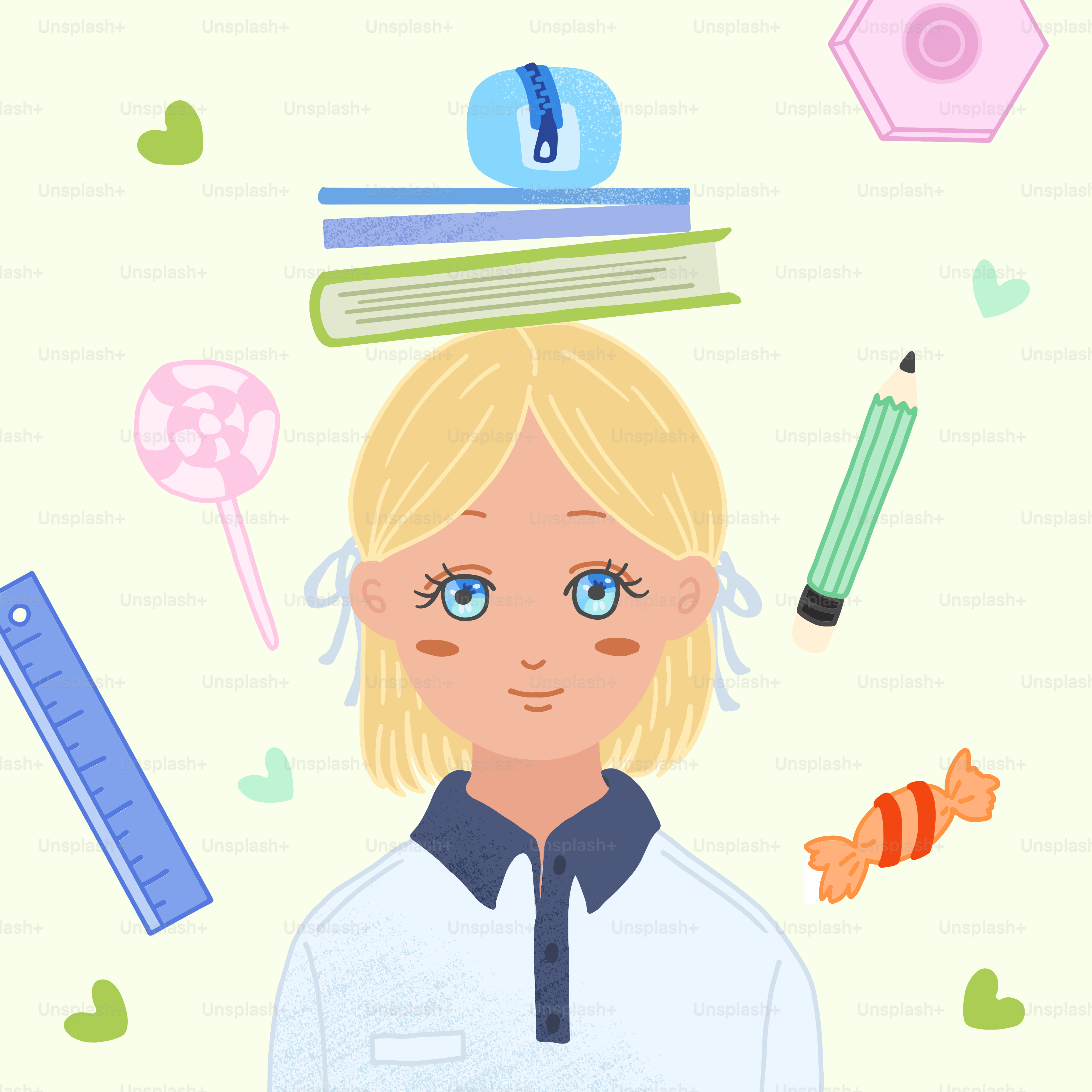 Una mujer con un libro en la cabeza rodeada de útiles escolares