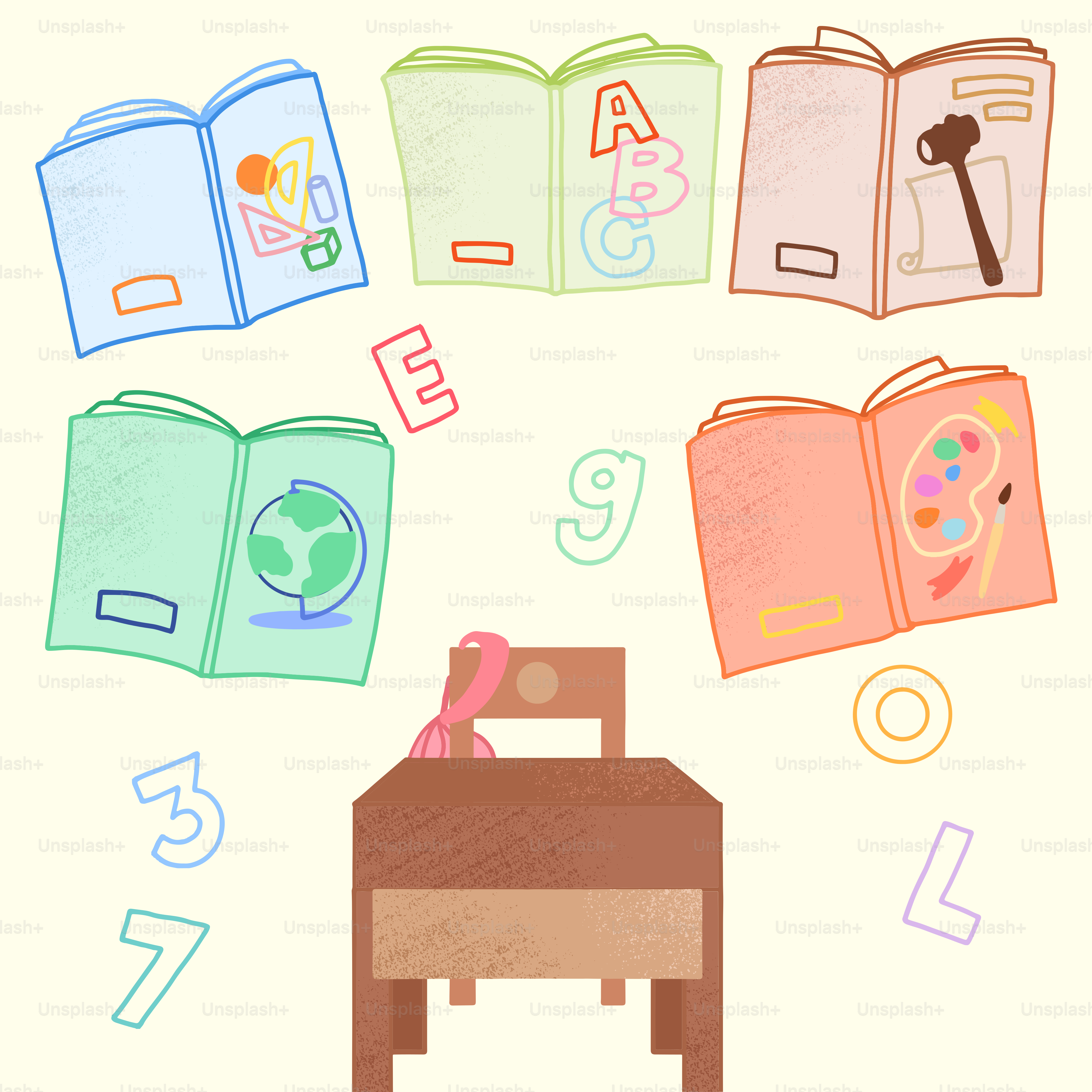 A child's drawing of a desk with a chair and books