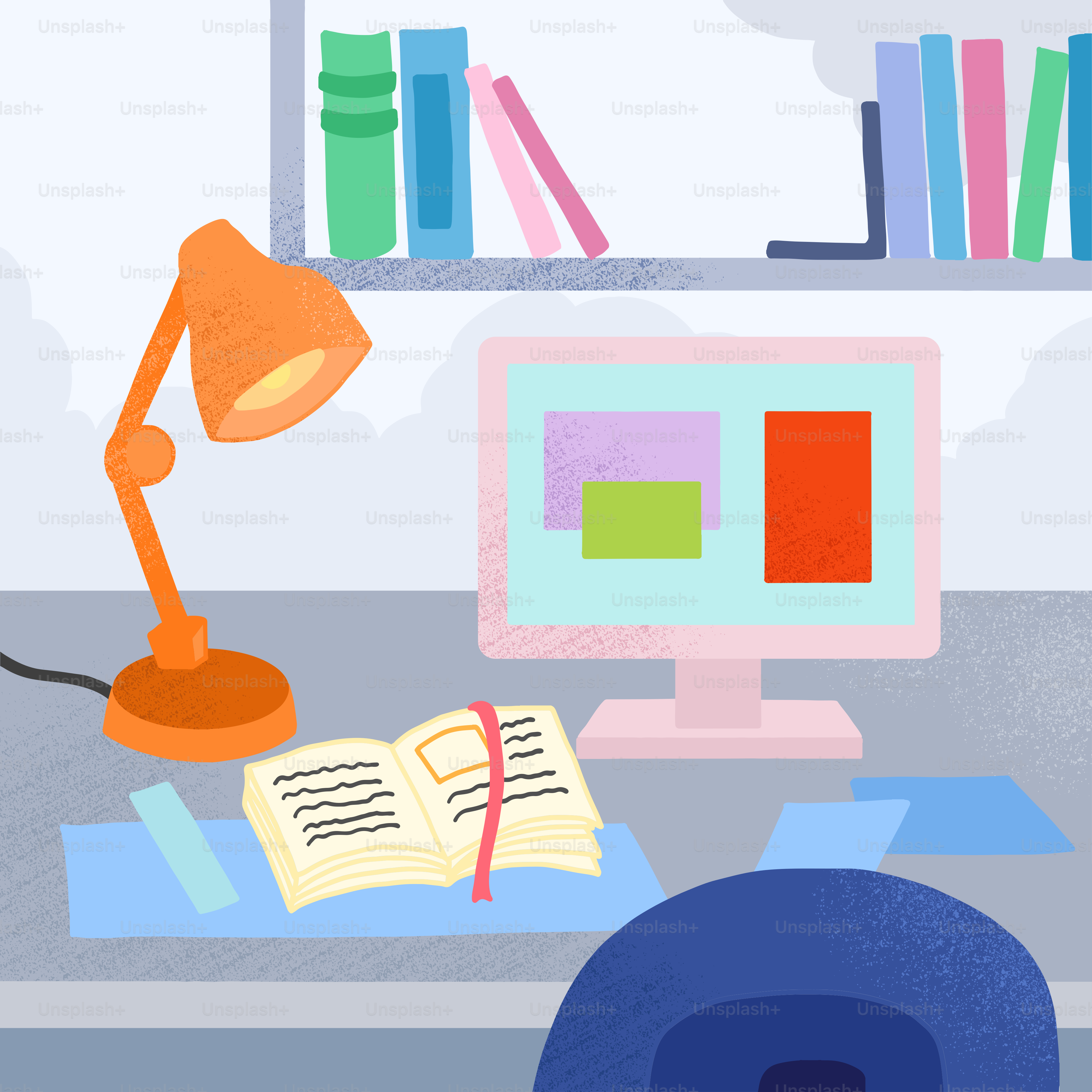 A computer desk with a lamp and a book