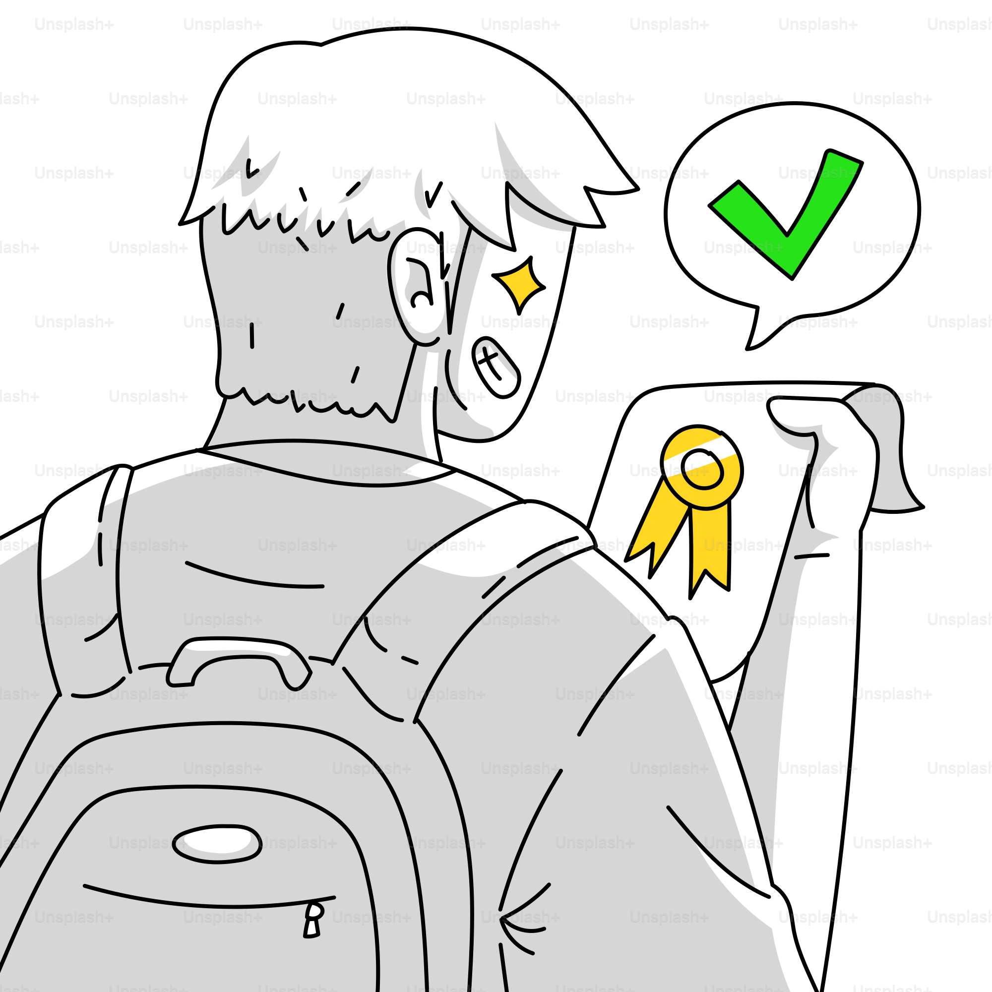 A drawing of a man with a backpack and a yellow ribbon