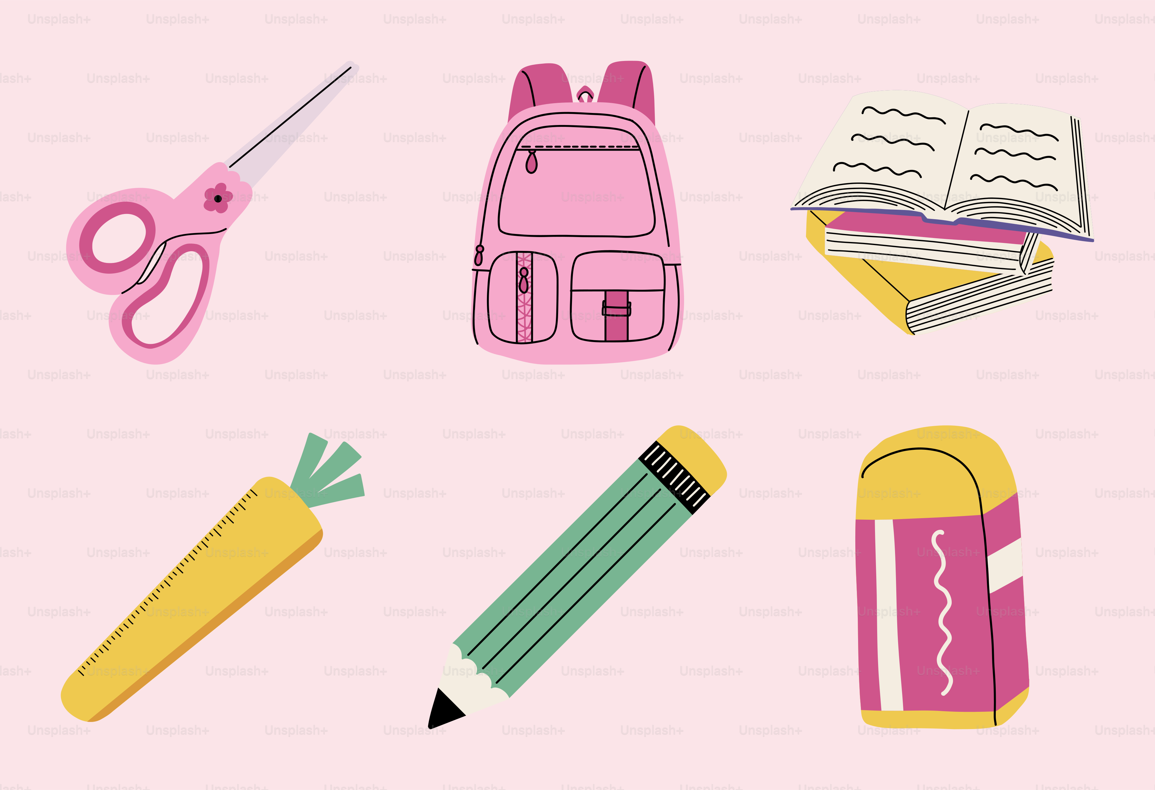 A pink background with school supplies on it