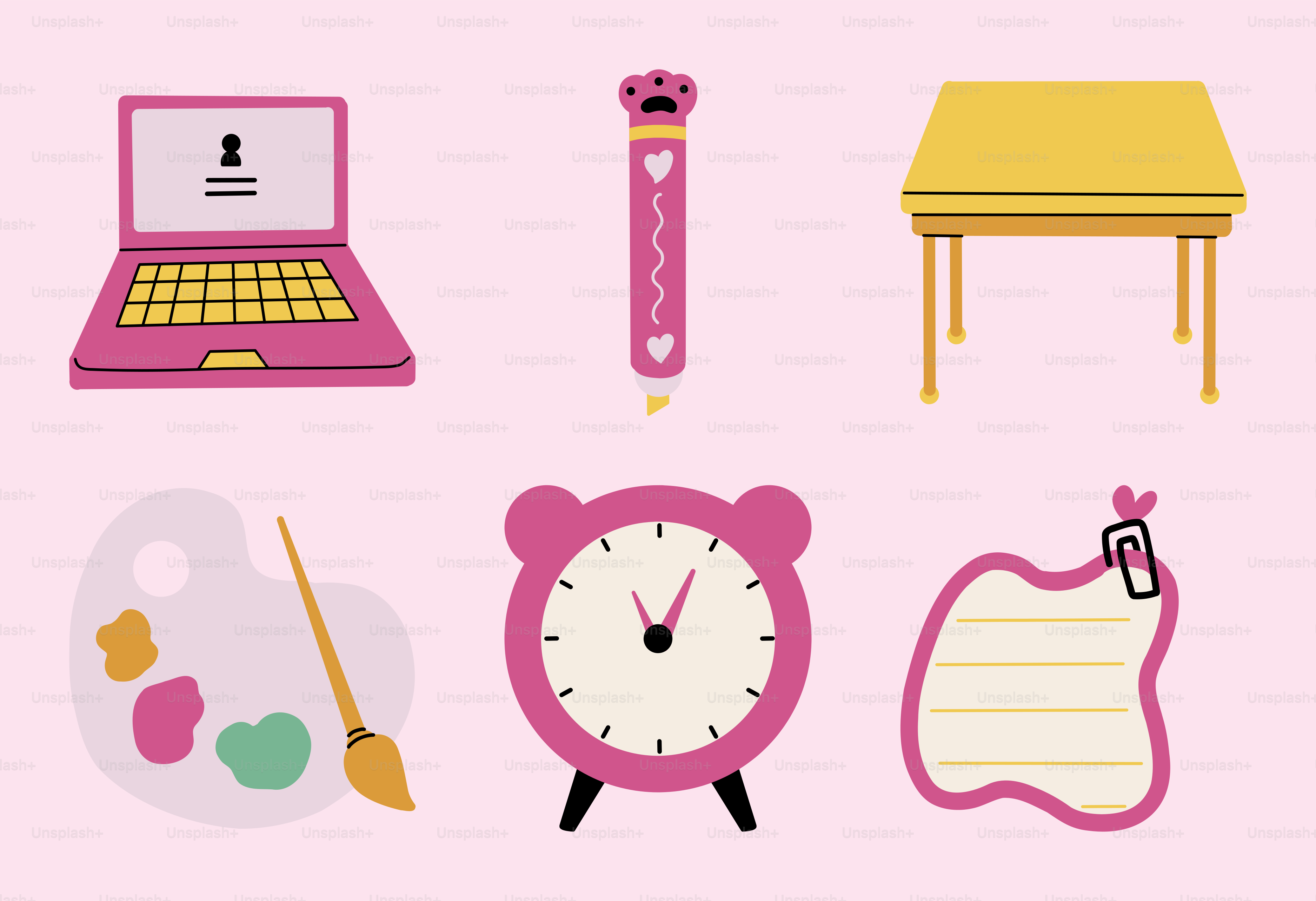 A pink background with a variety of items on it
