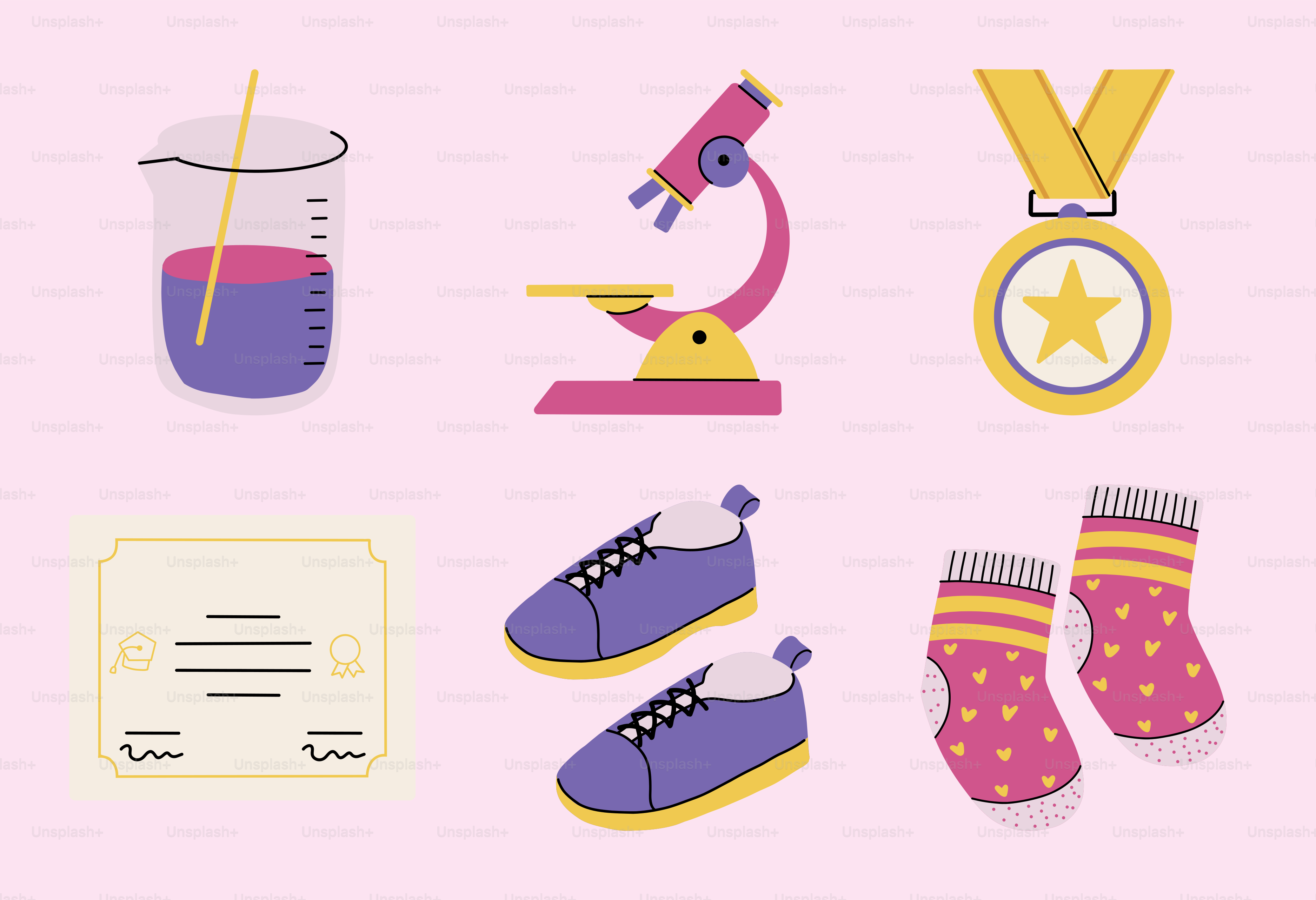 A pink background with a variety of items on it