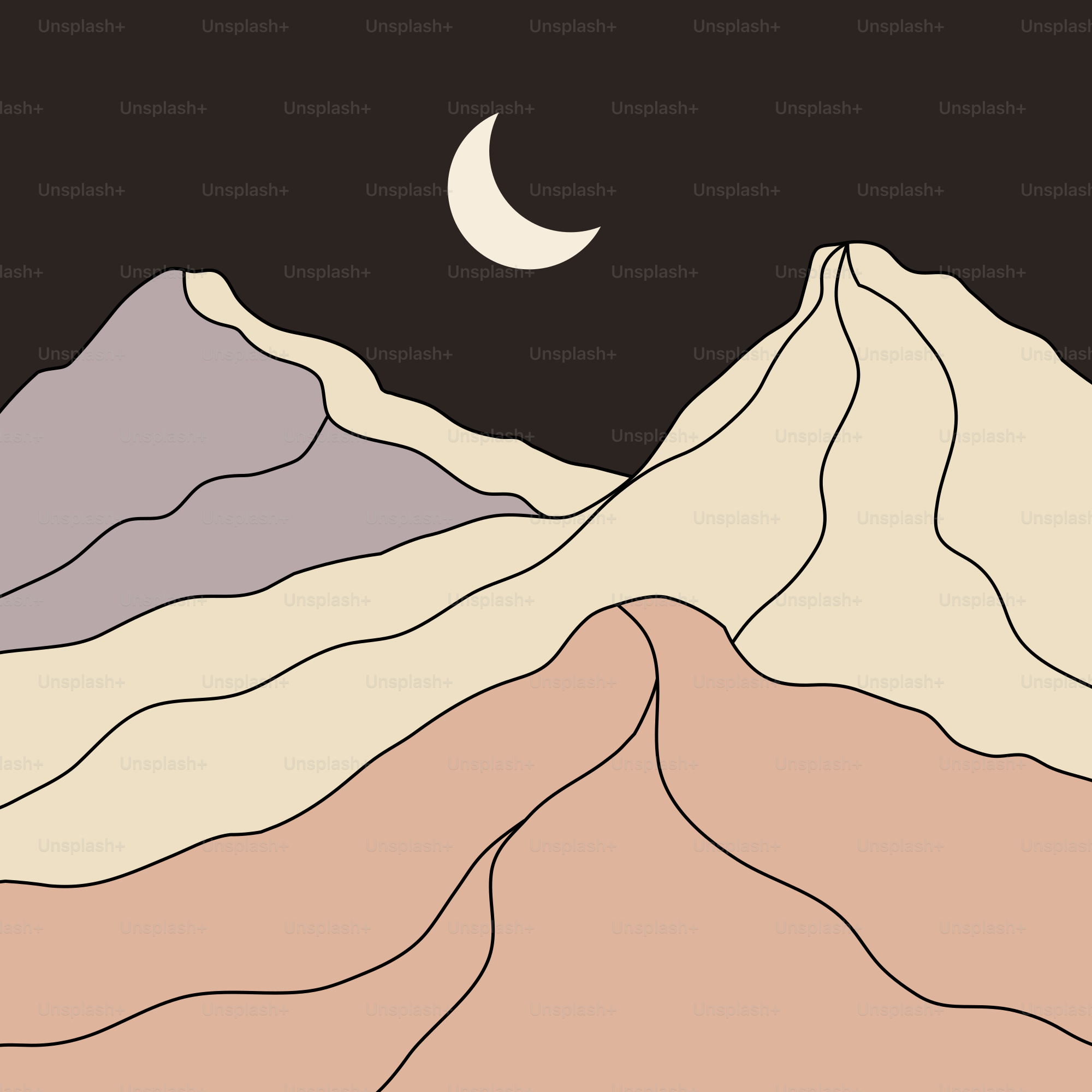 A drawing of a mountain range with a half moon in the sky