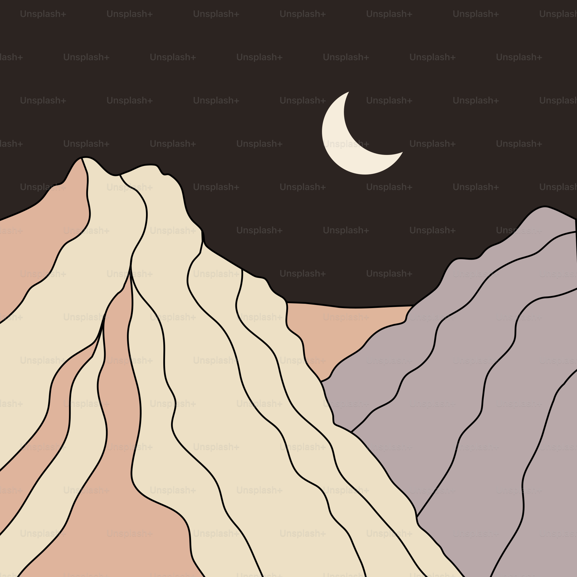 Un dessin d’une montagne avec une lune dans le ciel