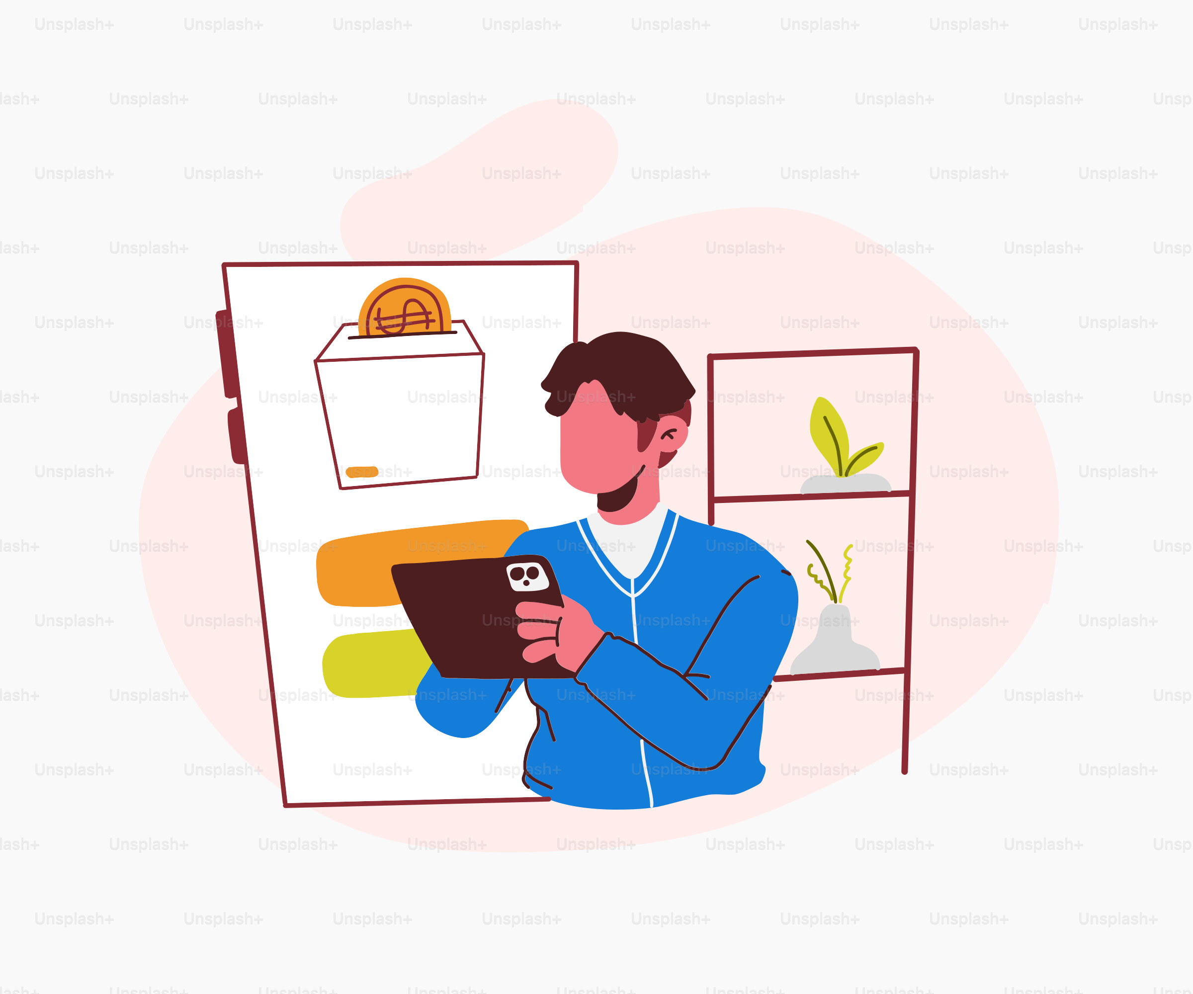 A man holding a tablet in front of a poster