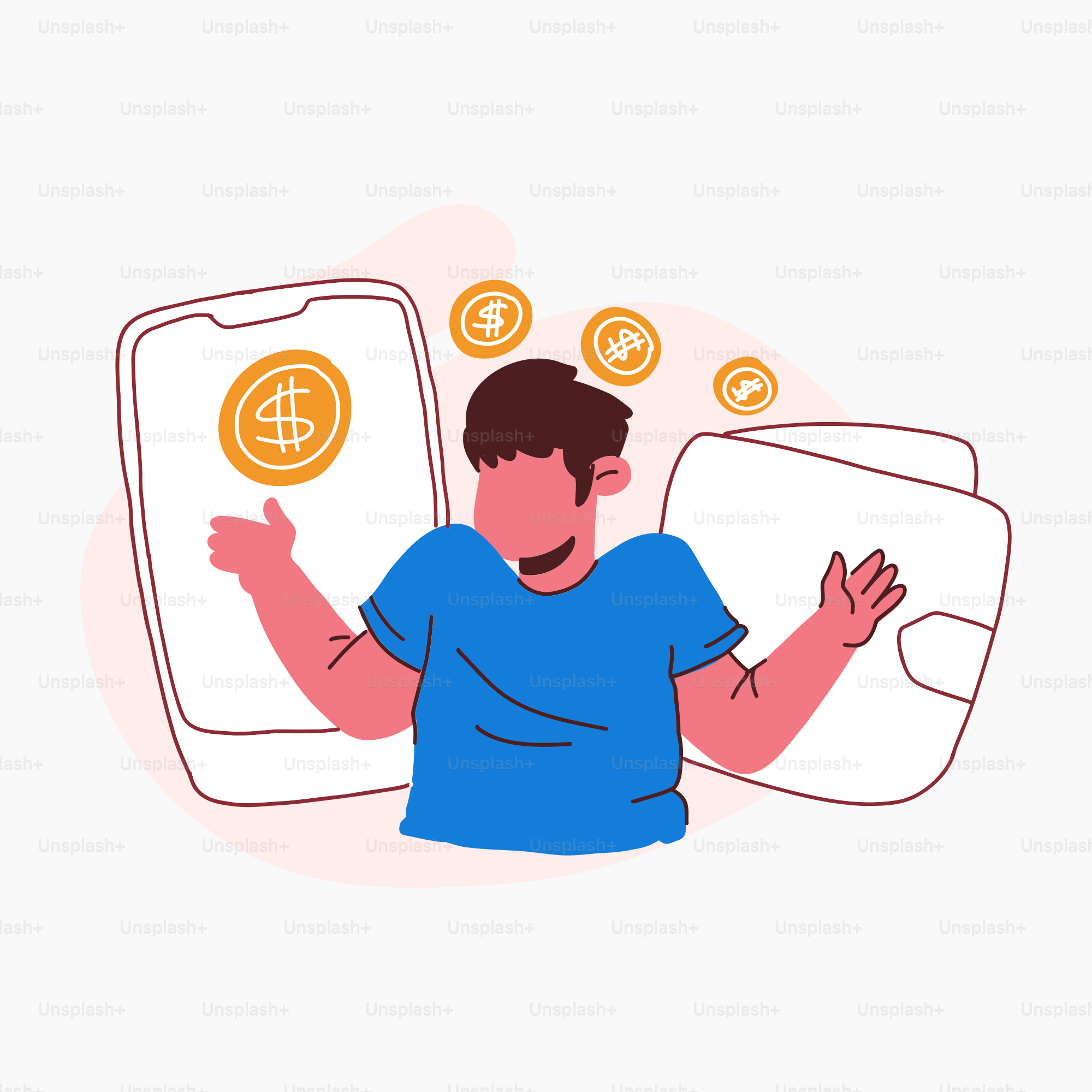 A man holding a smart phone with money coming out of it