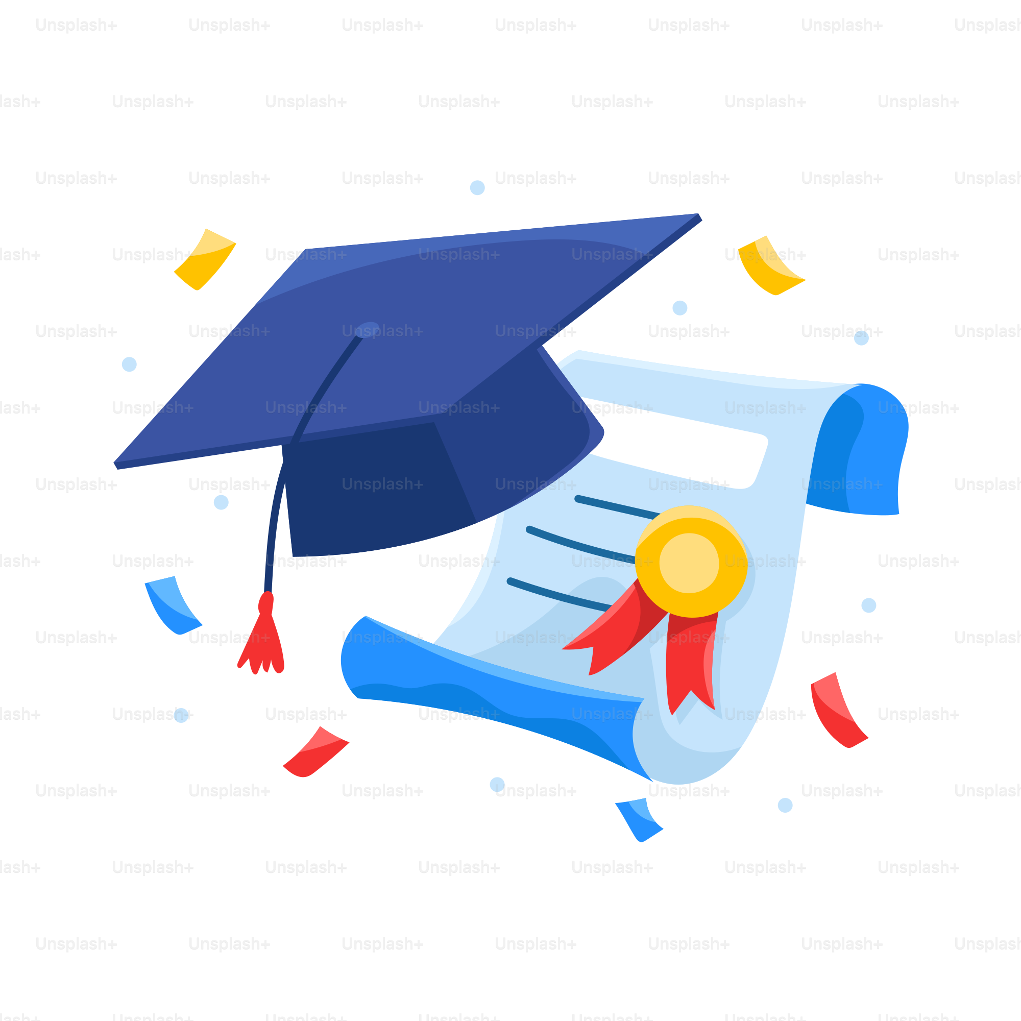 A graduation cap and diploma with confetti around it