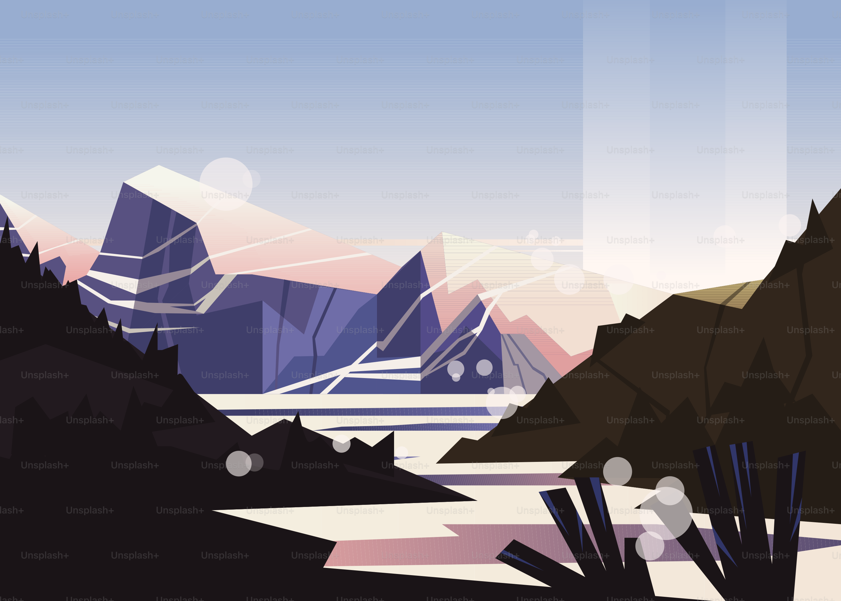 A stylized landscape with mountains and a lake