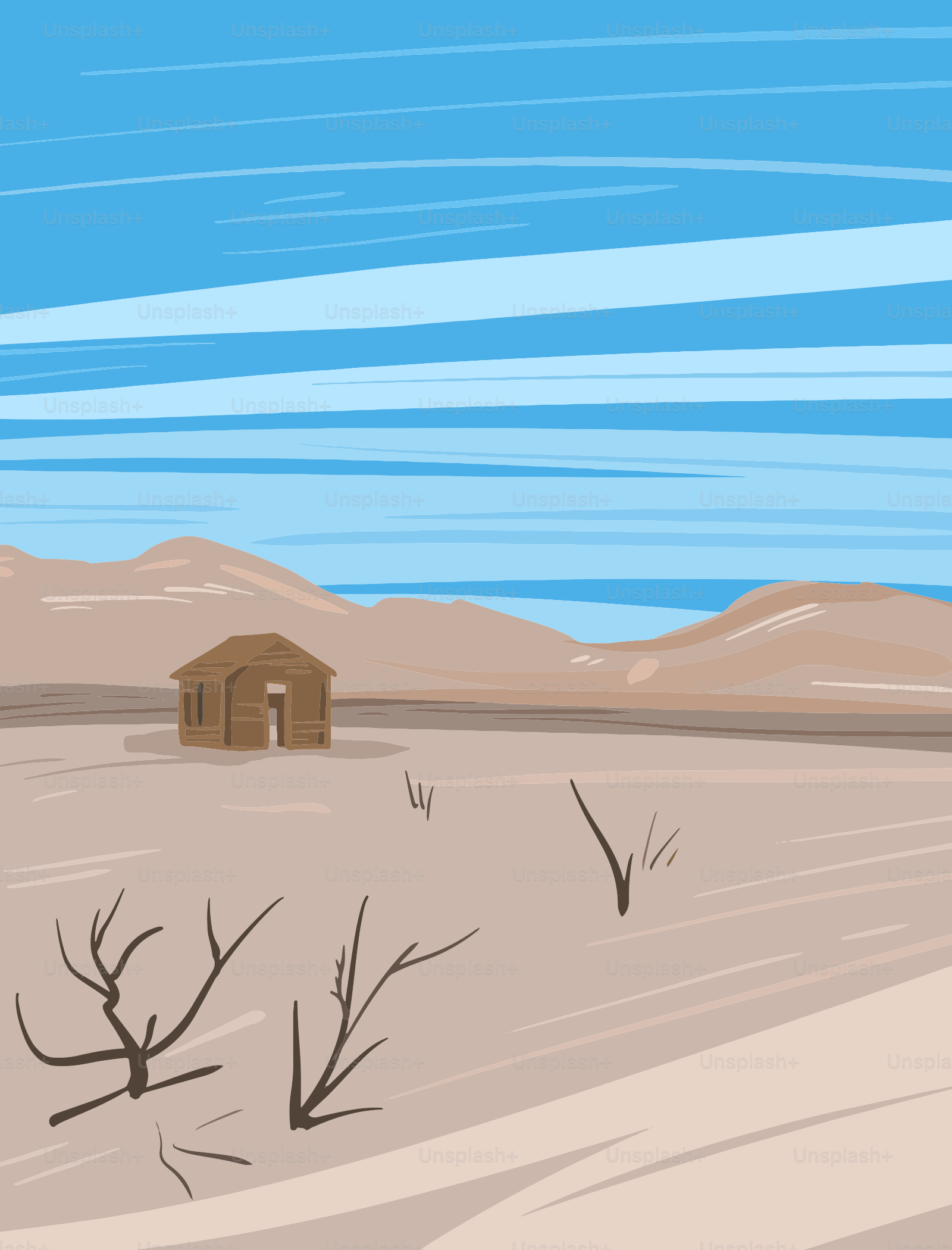 A painting of a desert scene with a house in the distance