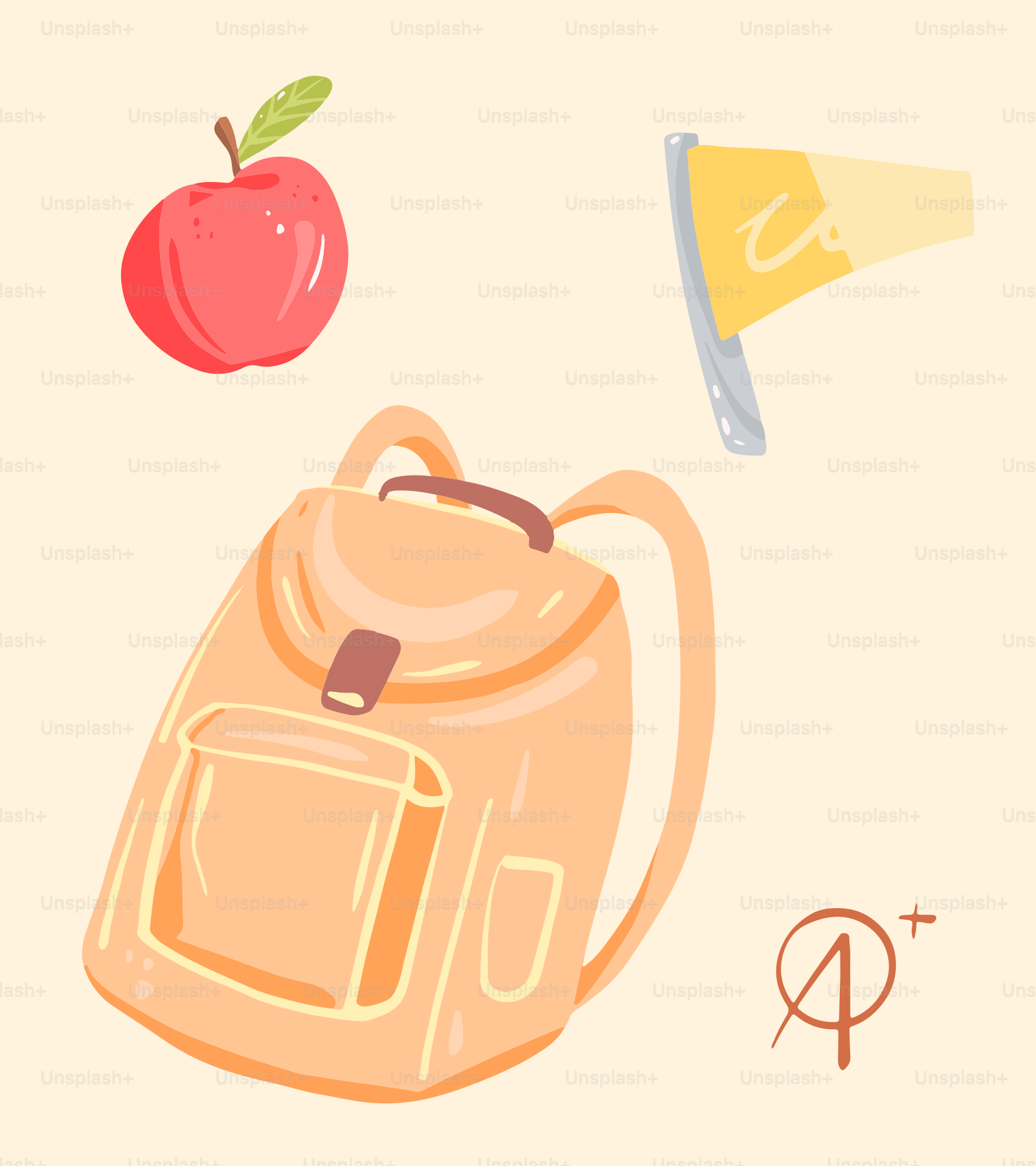 A picture of an apple and a backpack