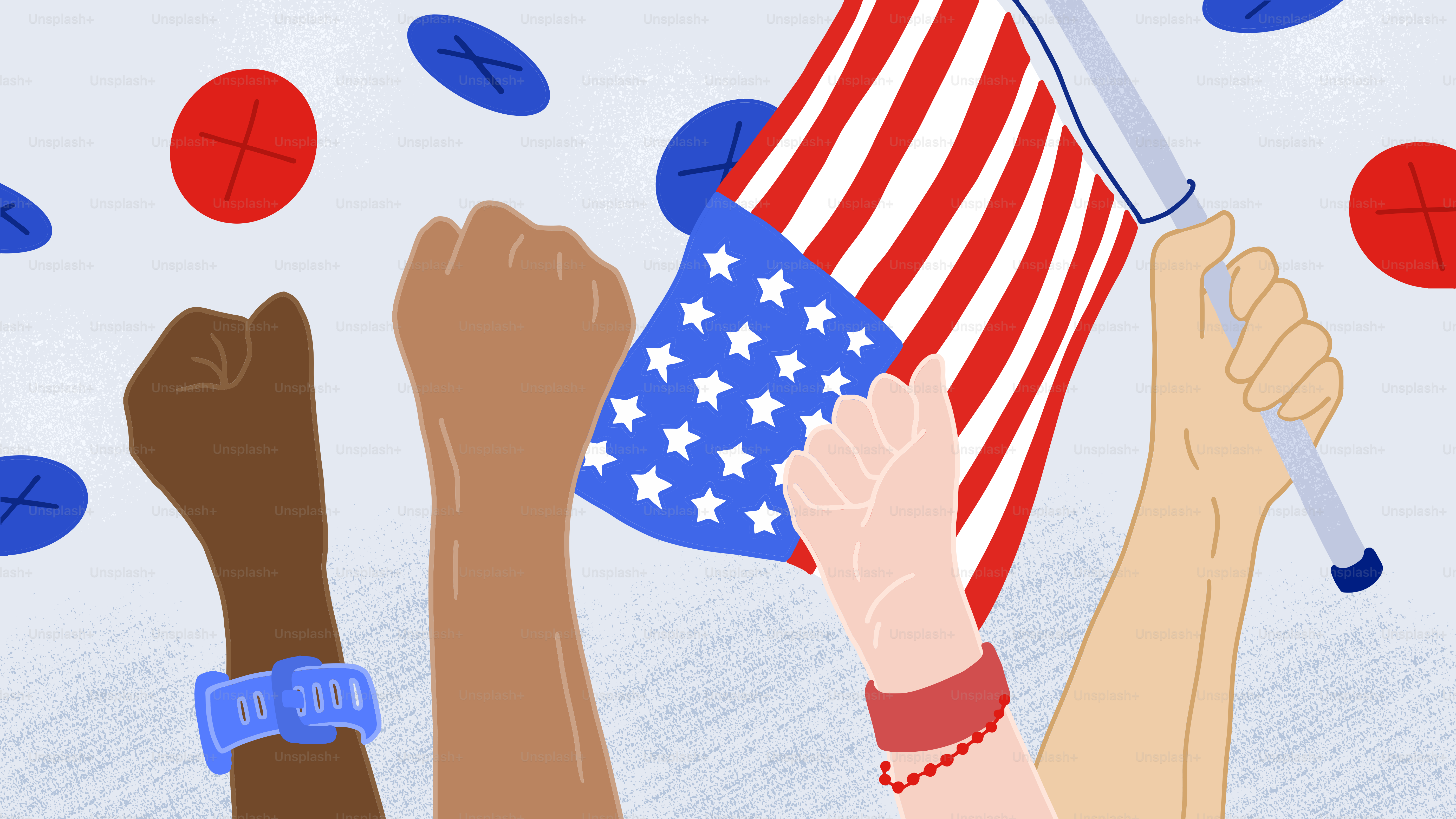 미국 국기와 색종이를 든 사람들의 모습