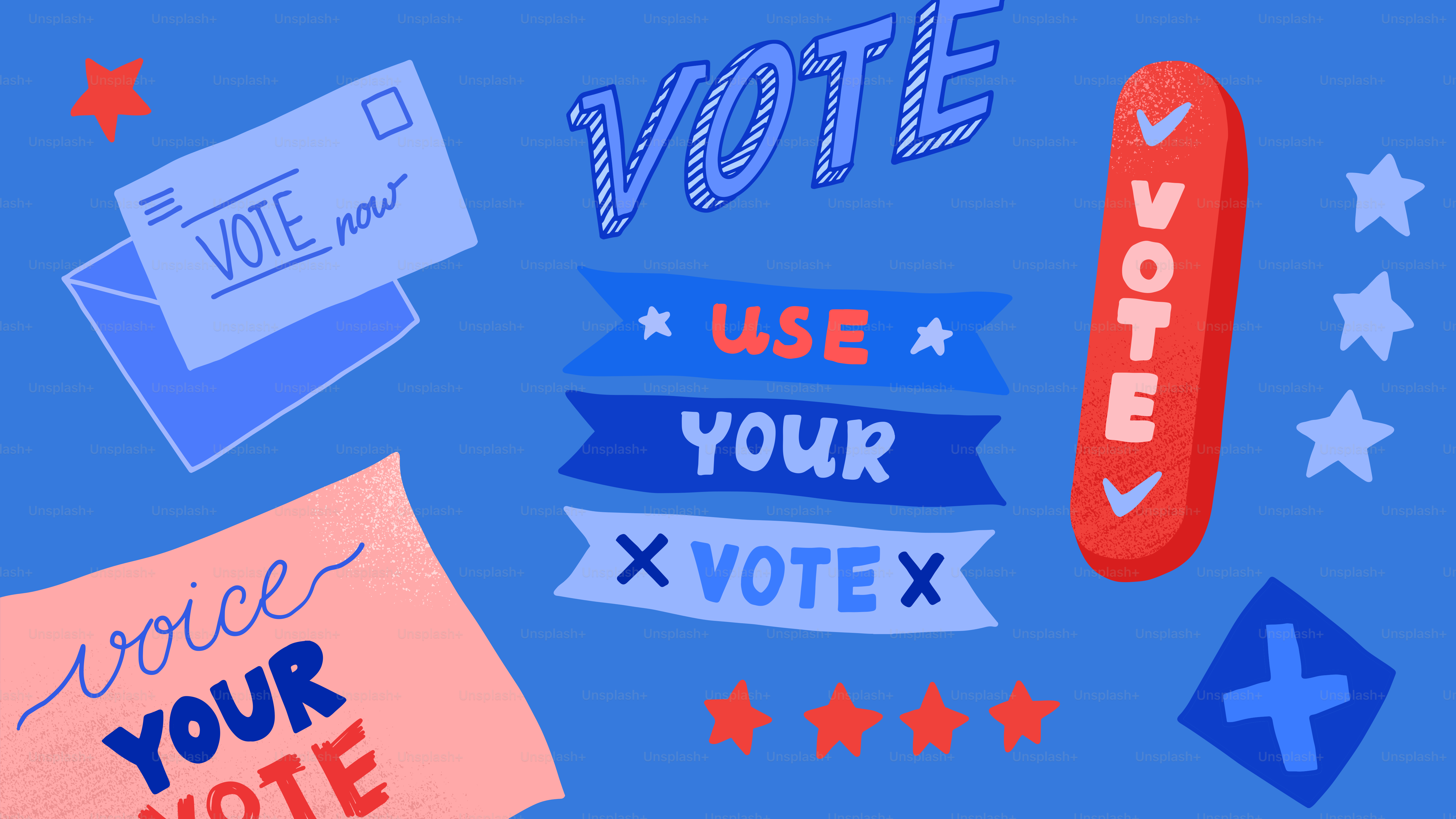 A blue background with red, white, and blue stickers