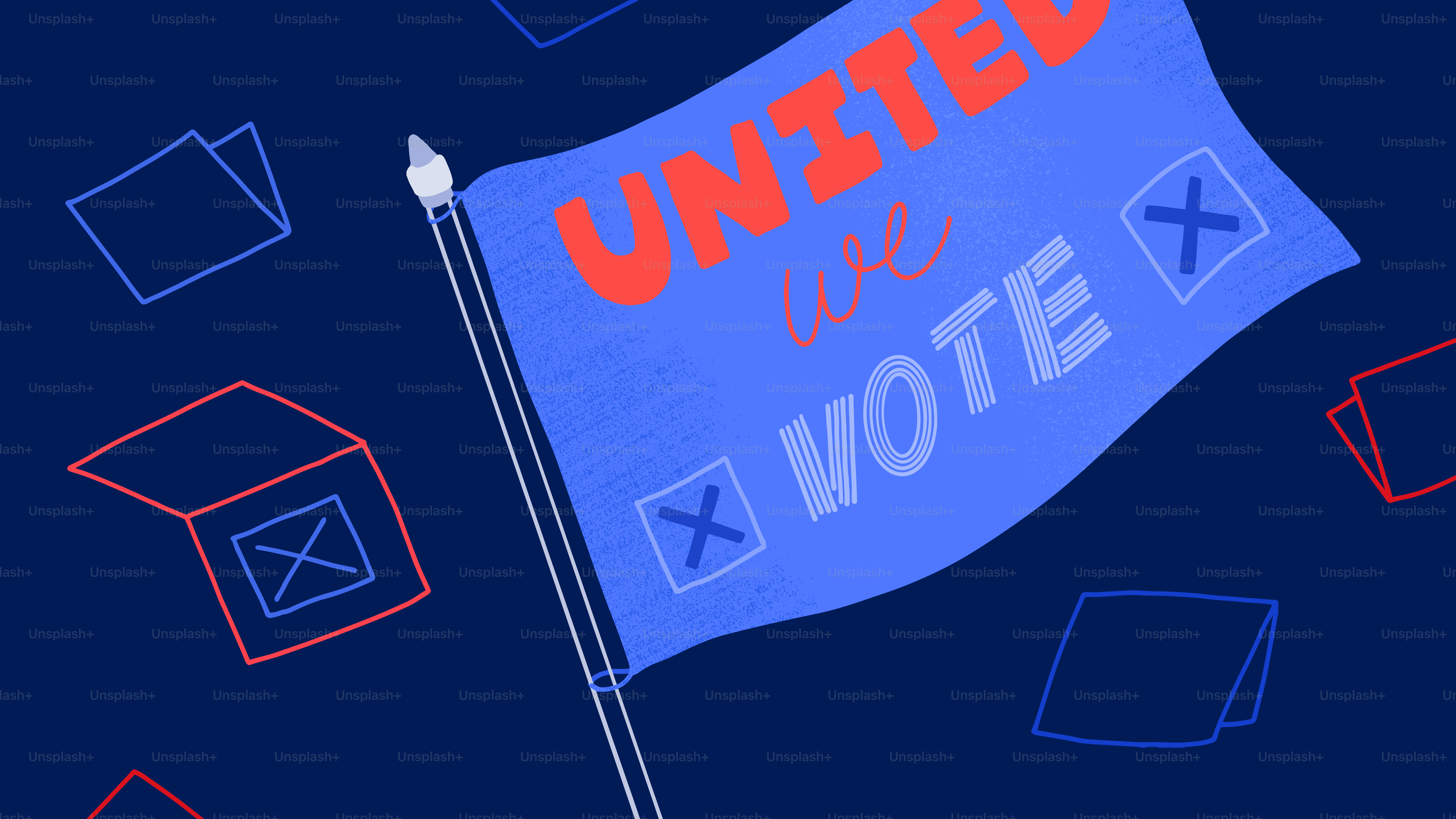 Una bandera azul con las palabras unidas y votamos escritas en ella