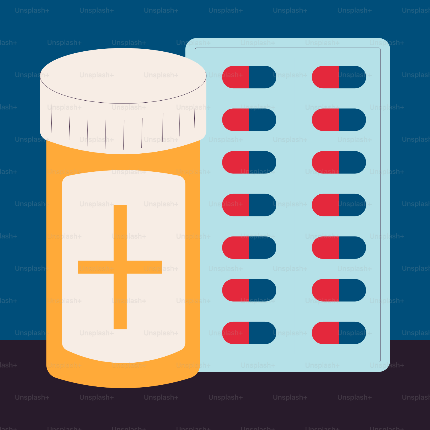 A pill bottle next to two pills on a table