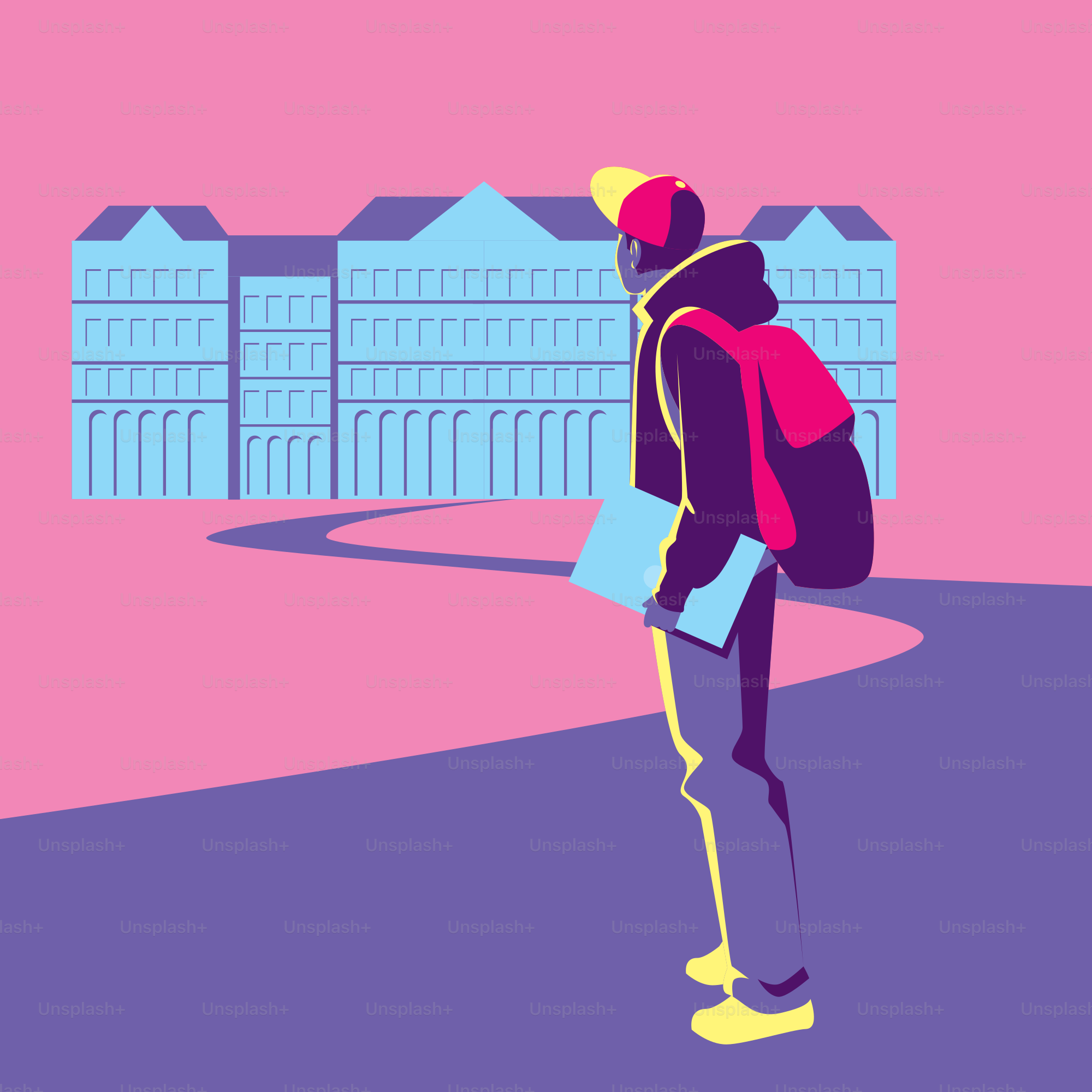 A man with a backpack standing in front of a building