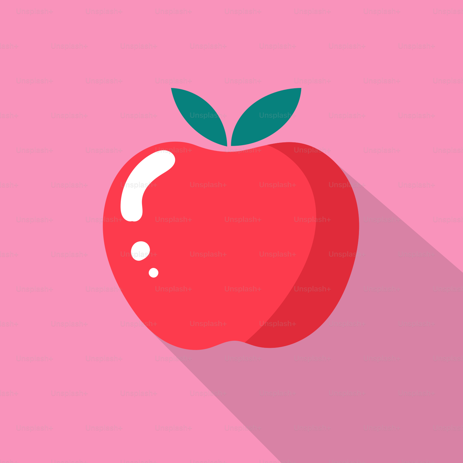 An apple with a long shadow on a pink background