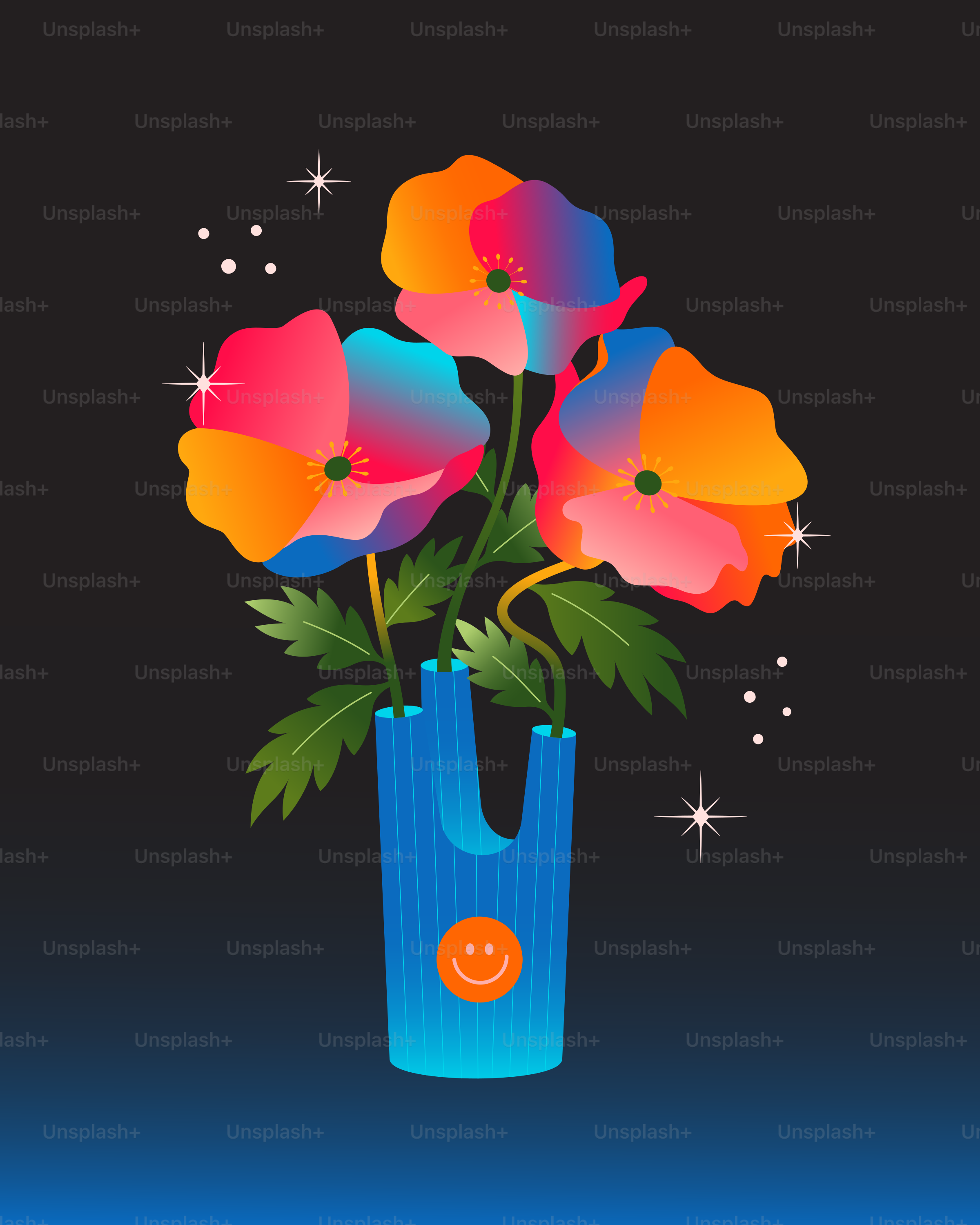 A blue vase filled with colorful flowers on top of a table
