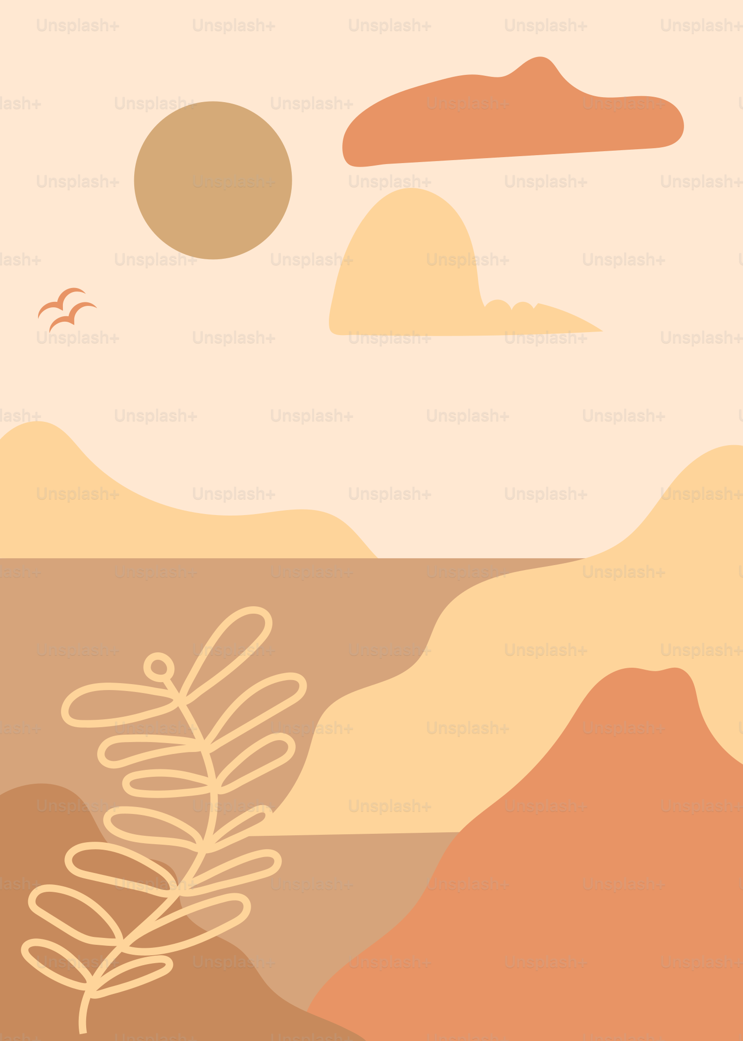 A painting of a desert landscape with a bird flying in the sky