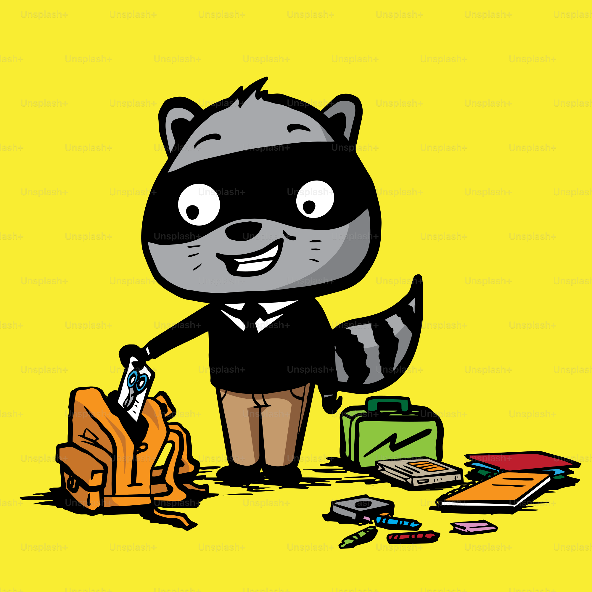 A raccoon in a suit standing next to a backpack