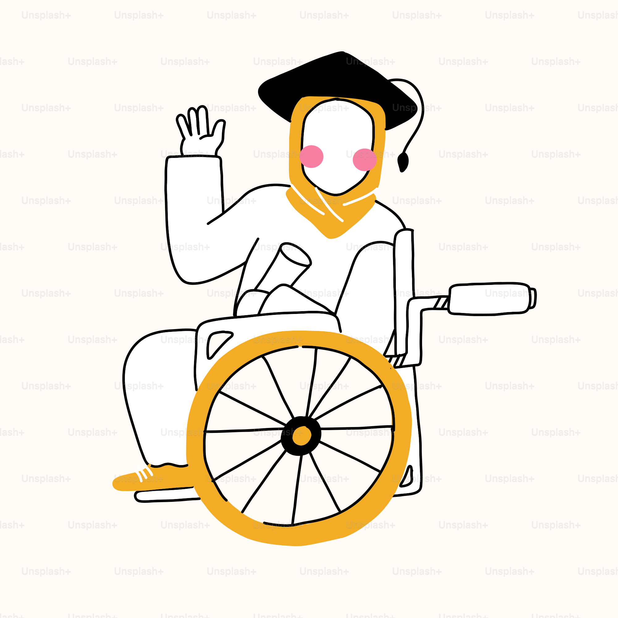 A man in a wheelchair waving at someone